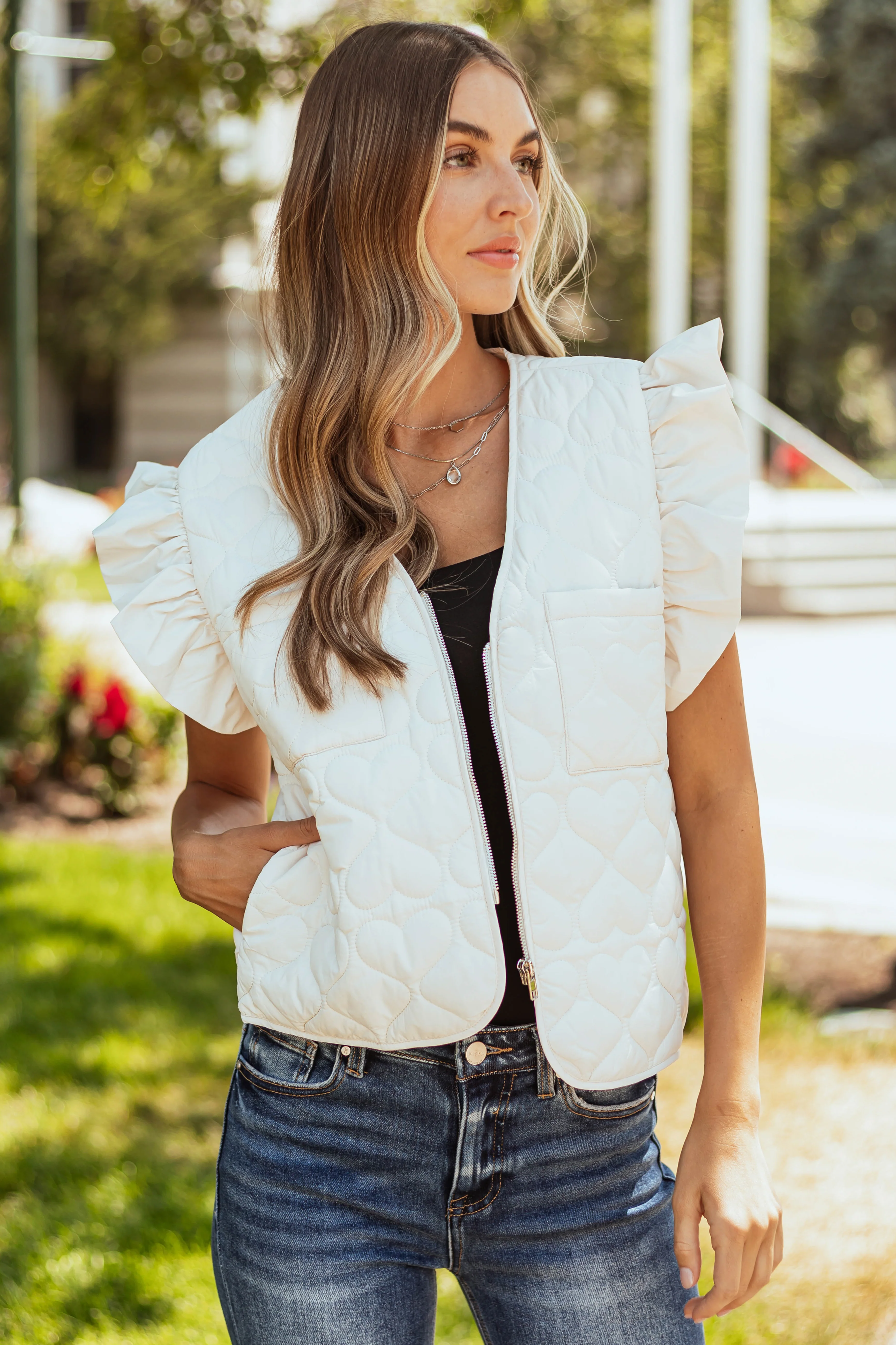 Cream Ruffle Strap Zip Up Quilted Puffer Vest - Image 2