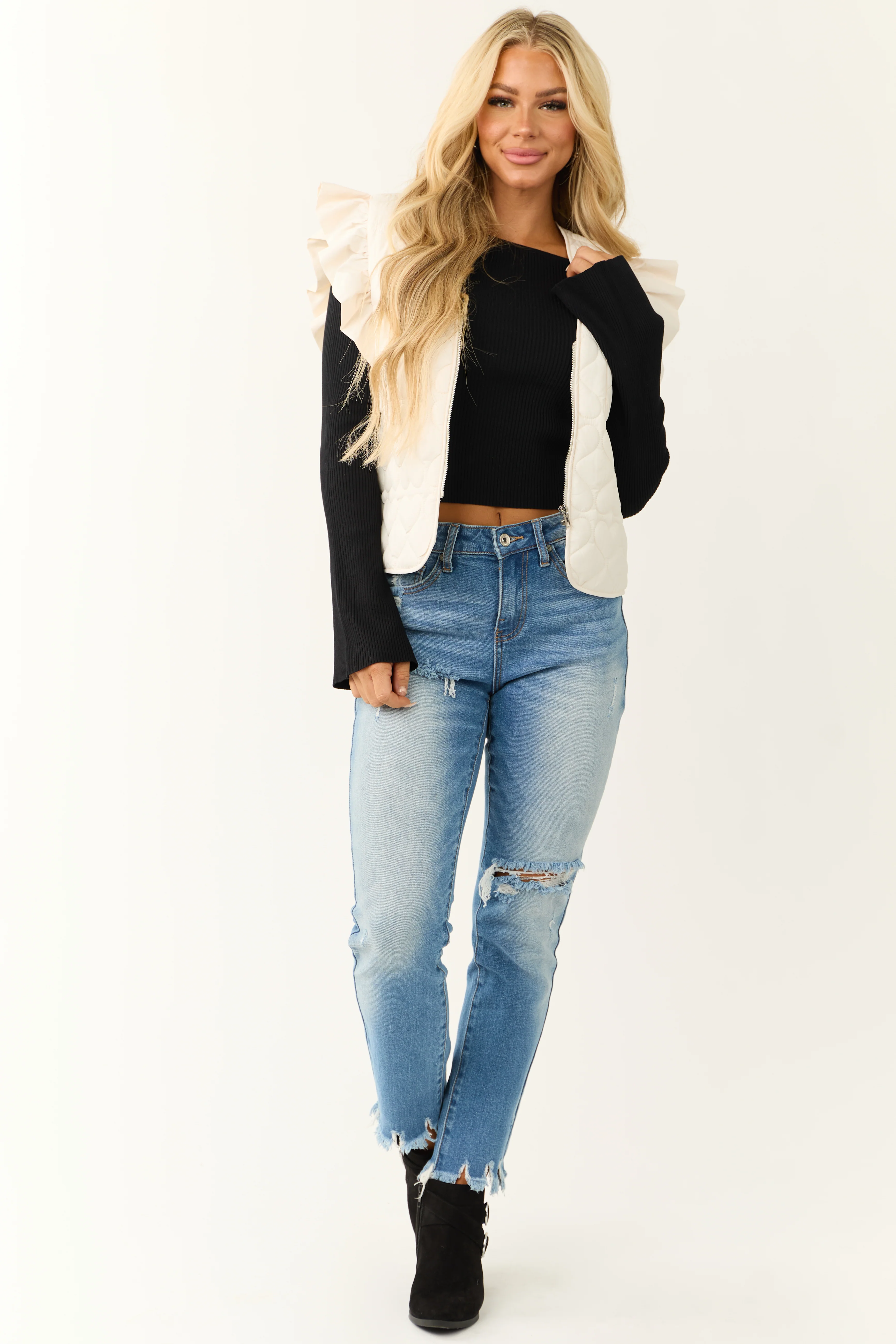 Cream Ruffle Strap Zip Up Quilted Puffer Vest - Image 3