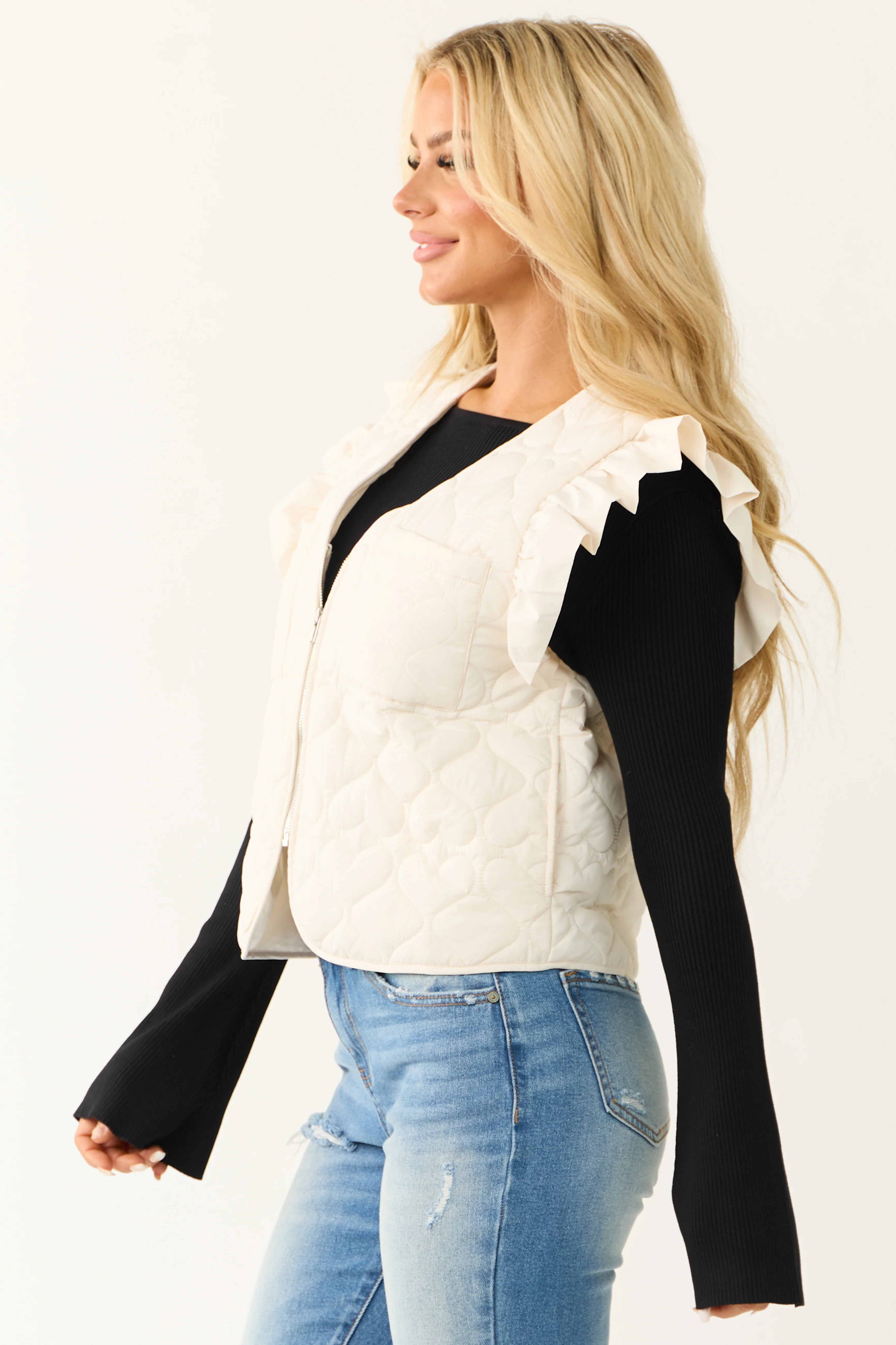 Cream Ruffle Strap Zip Up Quilted Puffer Vest - Image 5