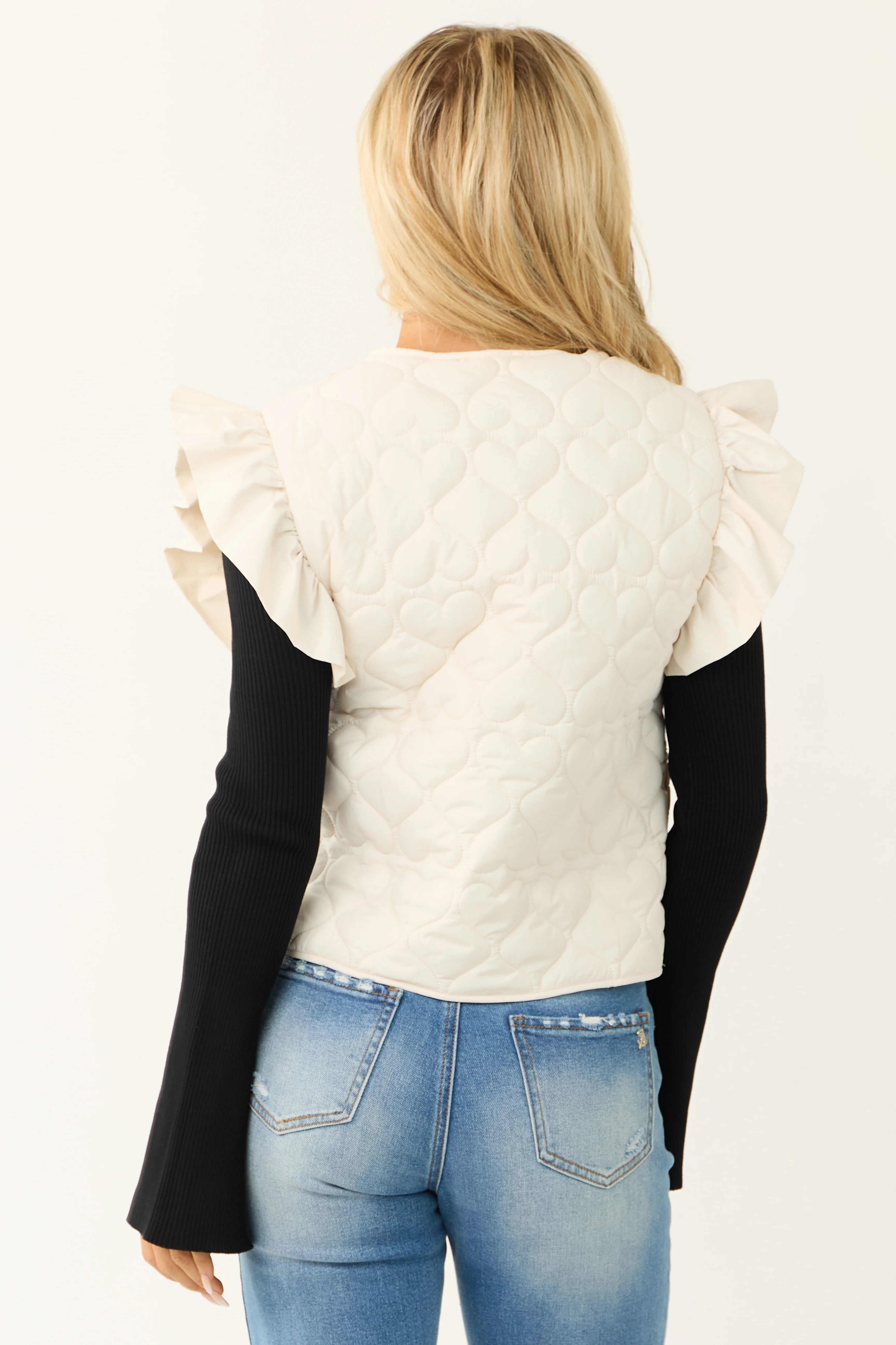 Cream Ruffle Strap Zip Up Quilted Puffer Vest - Image 6
