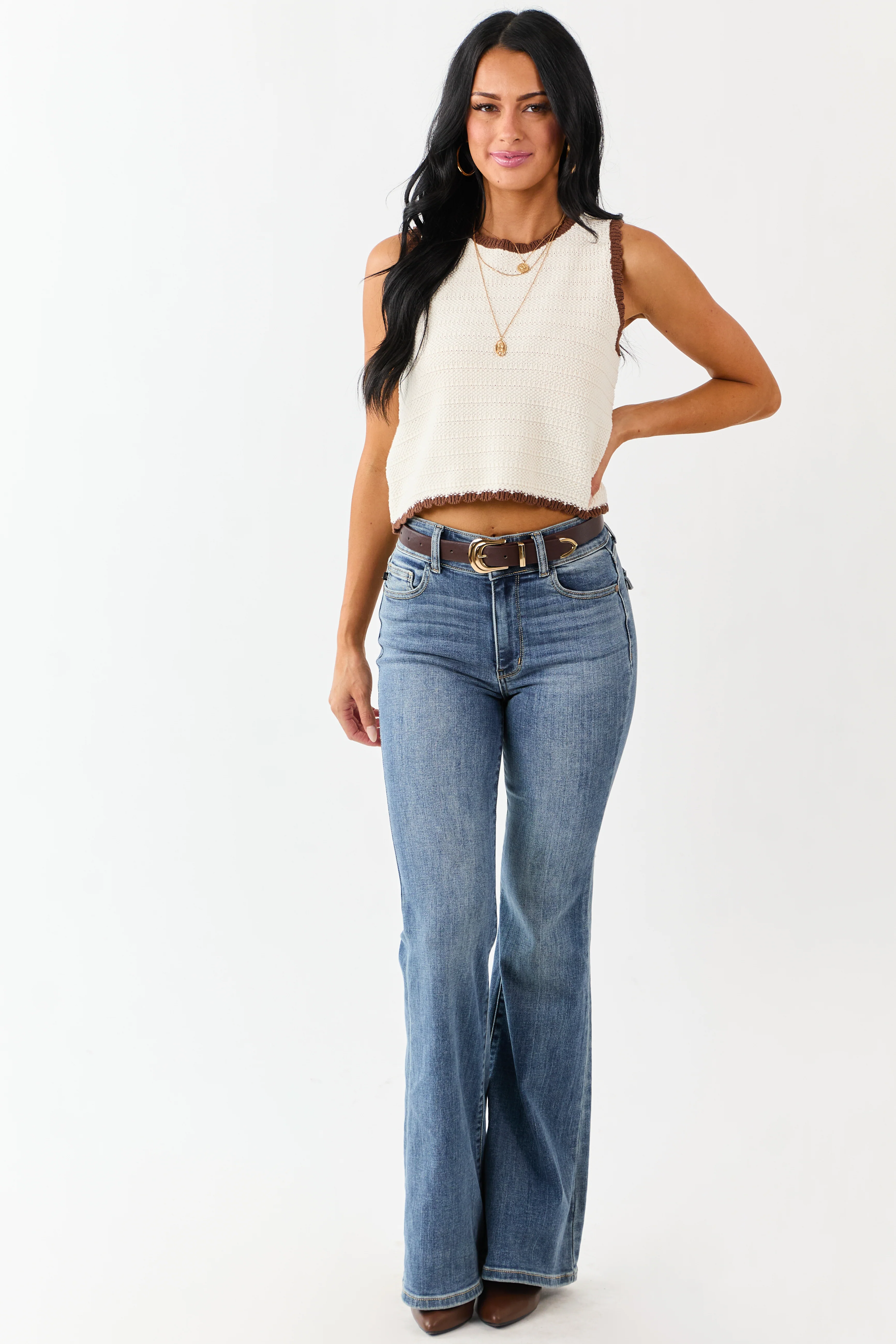 Cream Scalloped Contrast Trim Cotton Knit Tank Top - Image 3