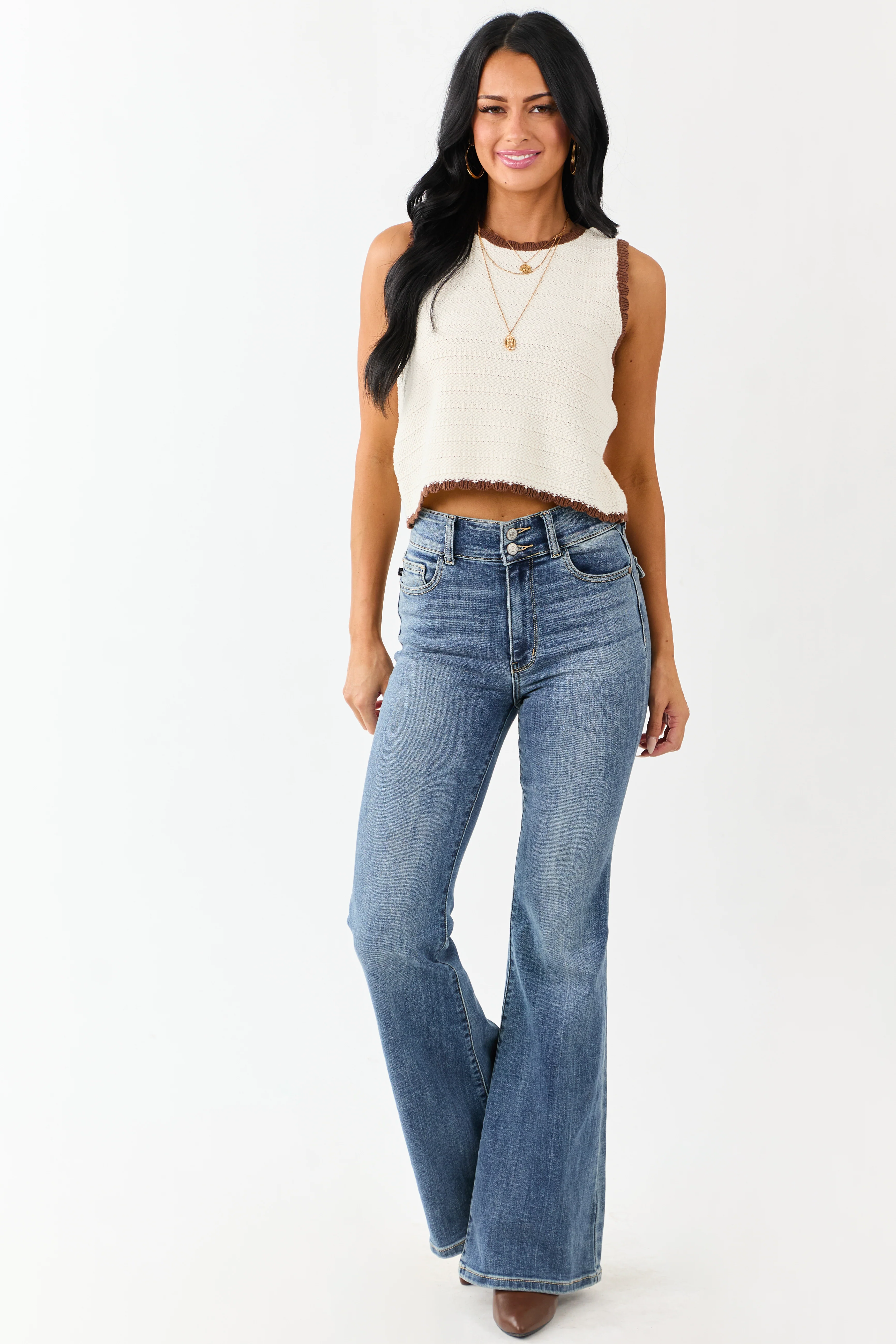 Cream Scalloped Contrast Trim Cotton Knit Tank Top - Image 4