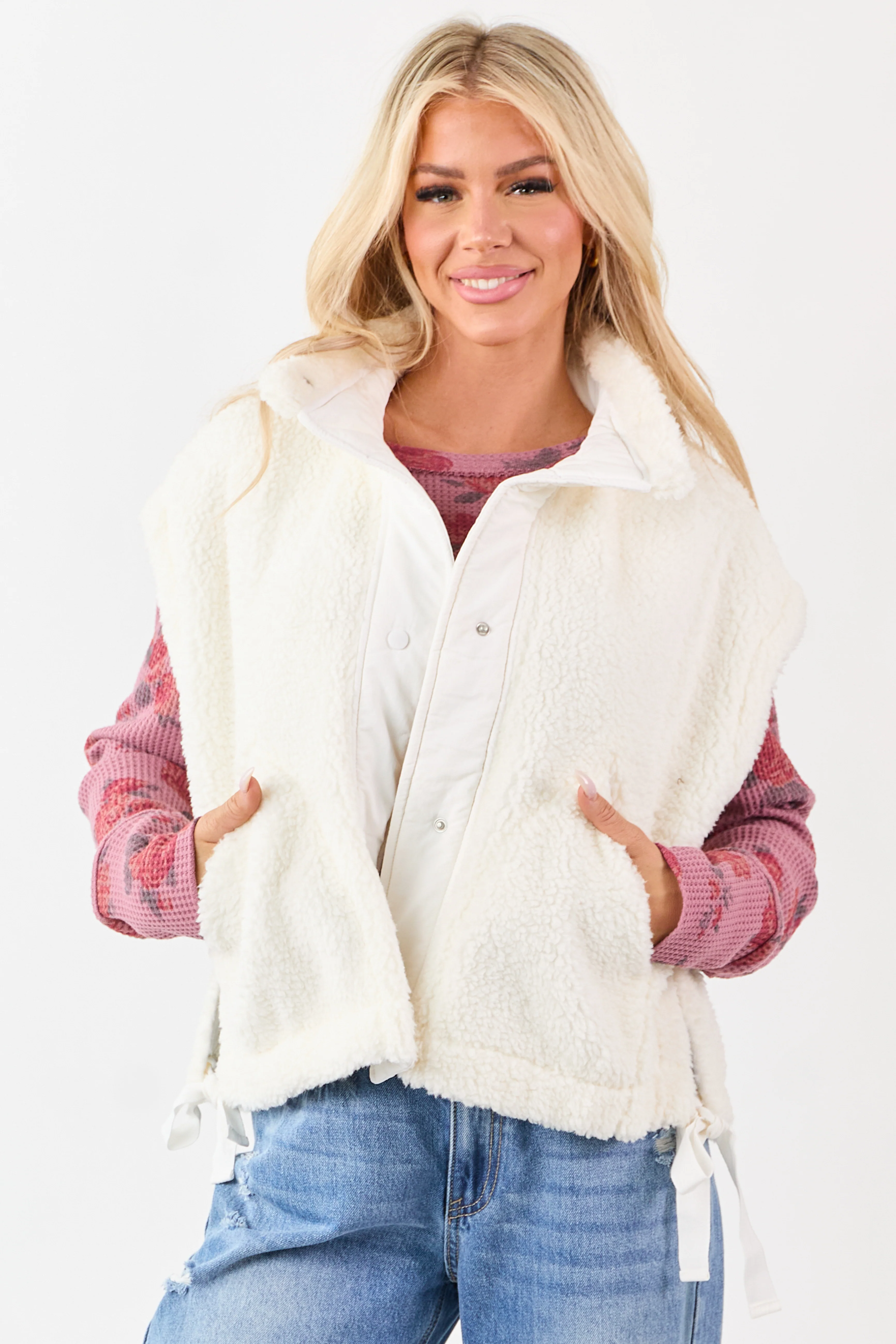 Cream Sherpa Button Down Side Tie Vest