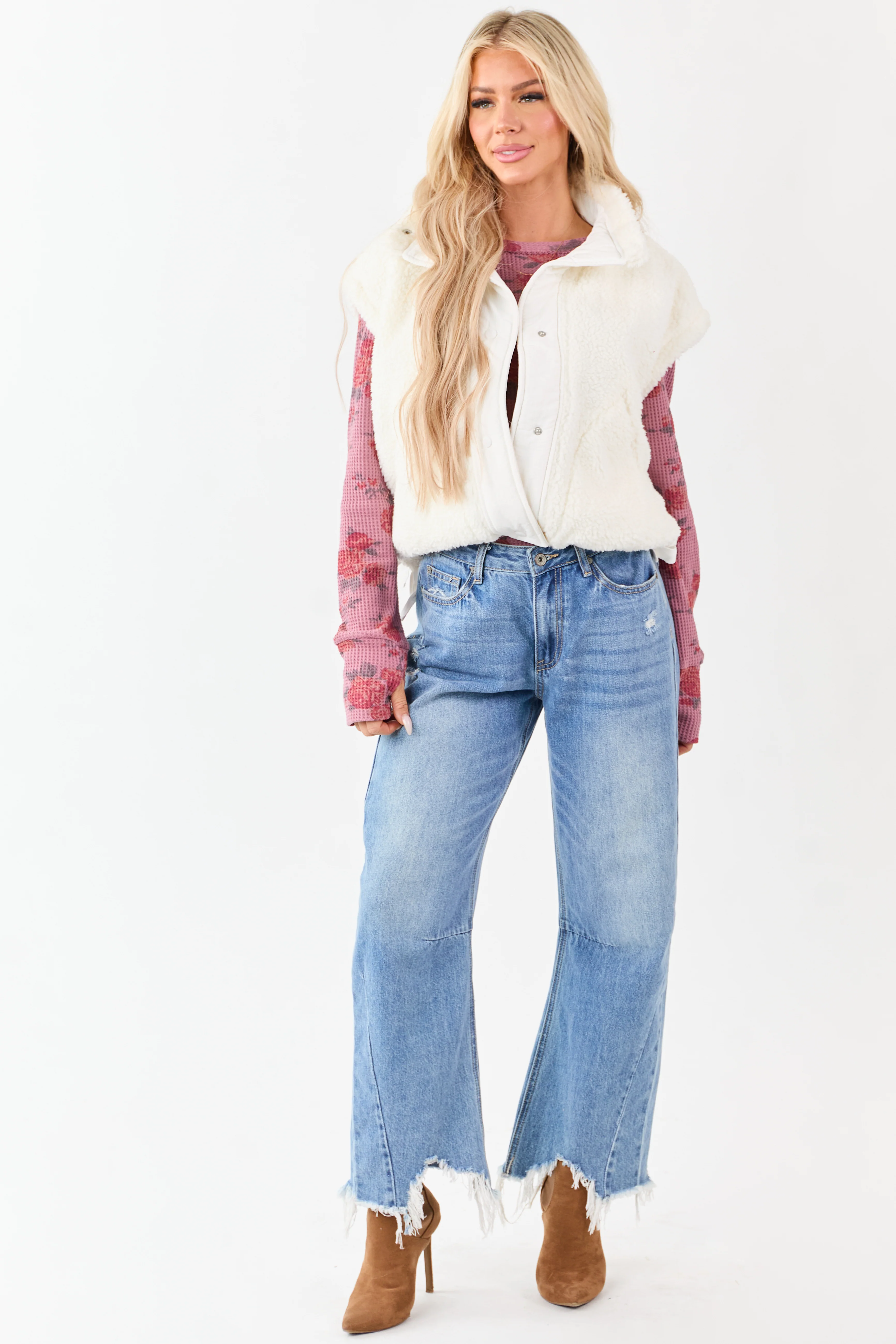 Cream Sherpa Button Down Side Tie Vest - Image 3