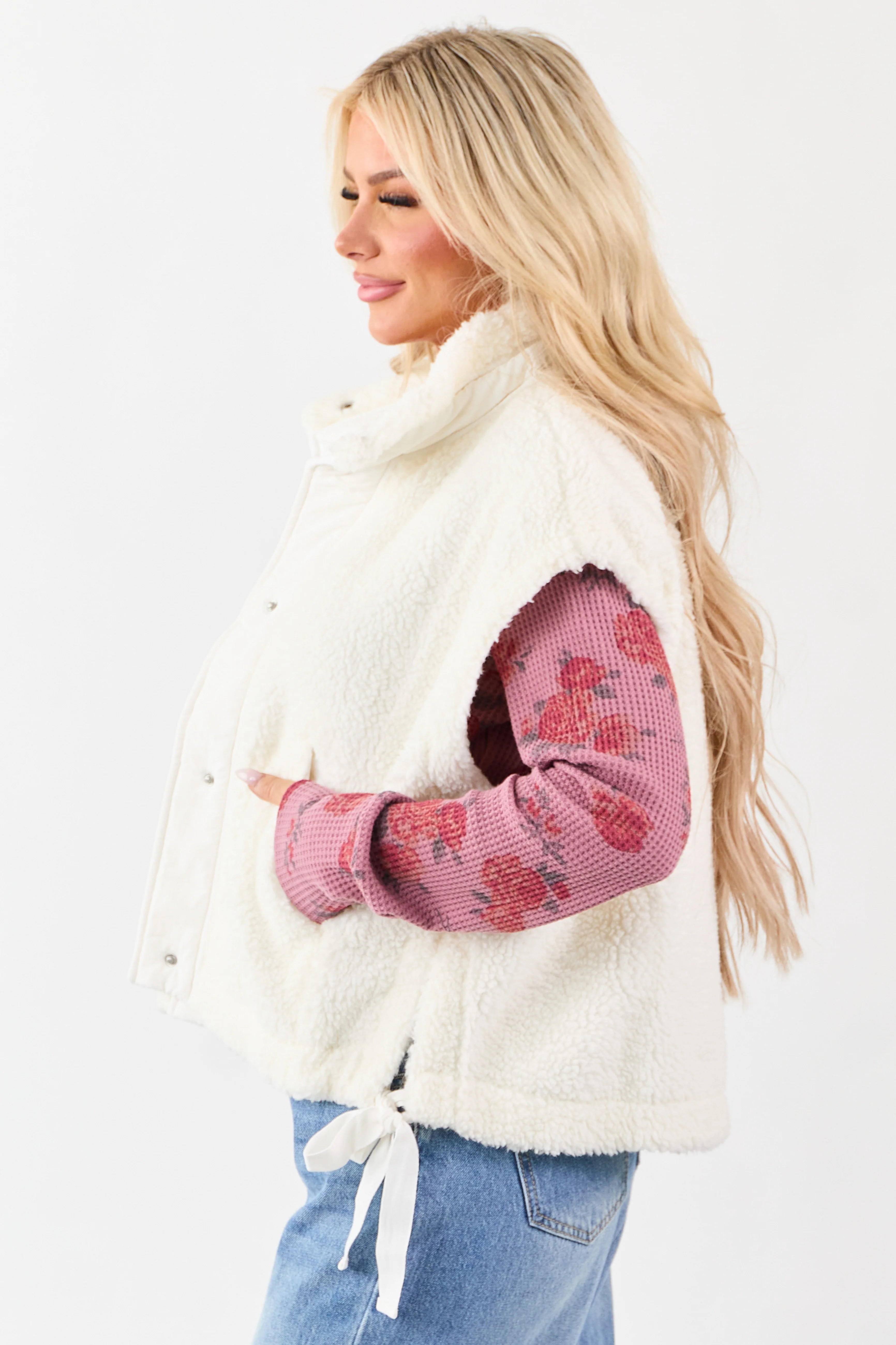 Cream Sherpa Button Down Side Tie Vest - Image 4