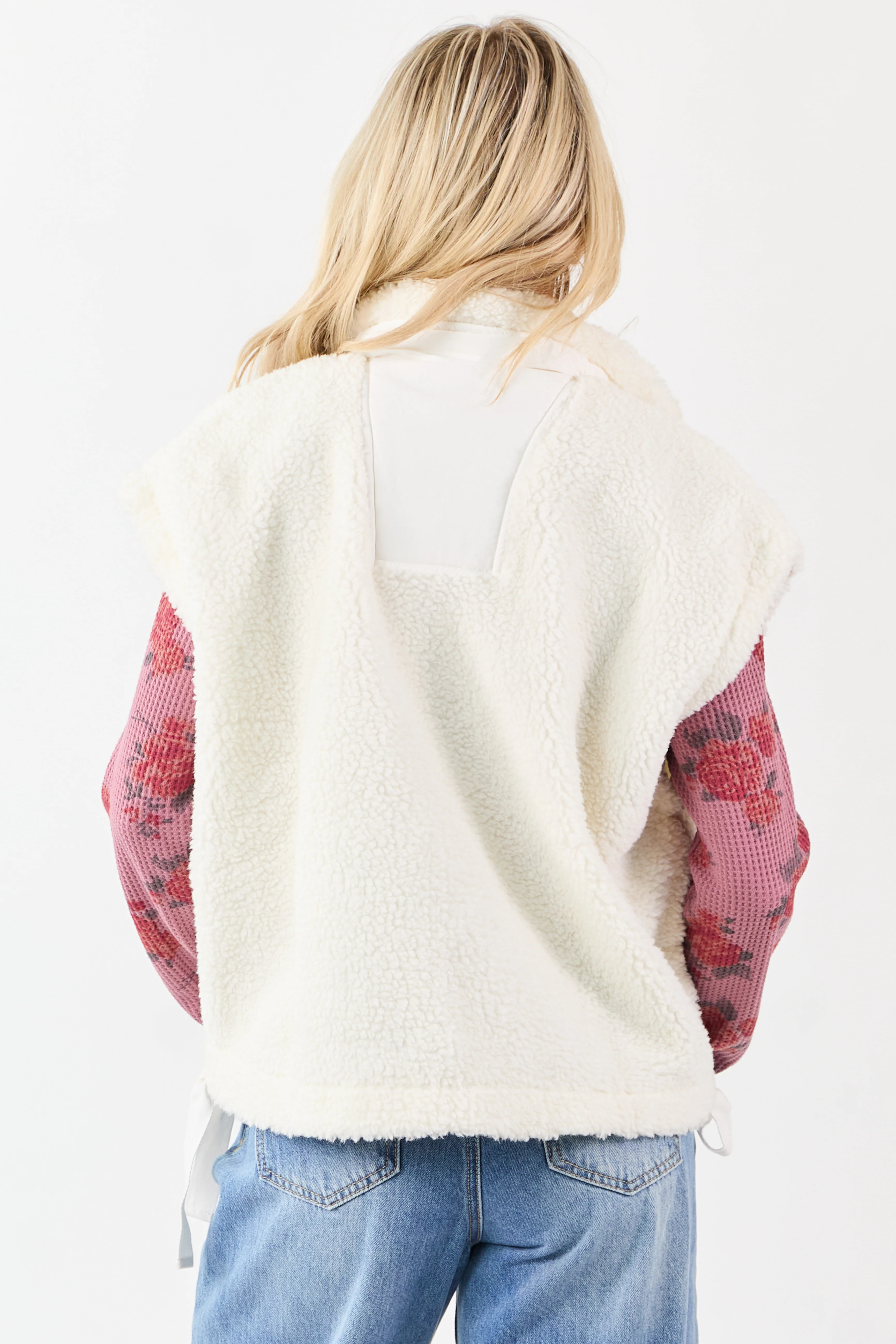 Cream Sherpa Button Down Side Tie Vest - Image 5