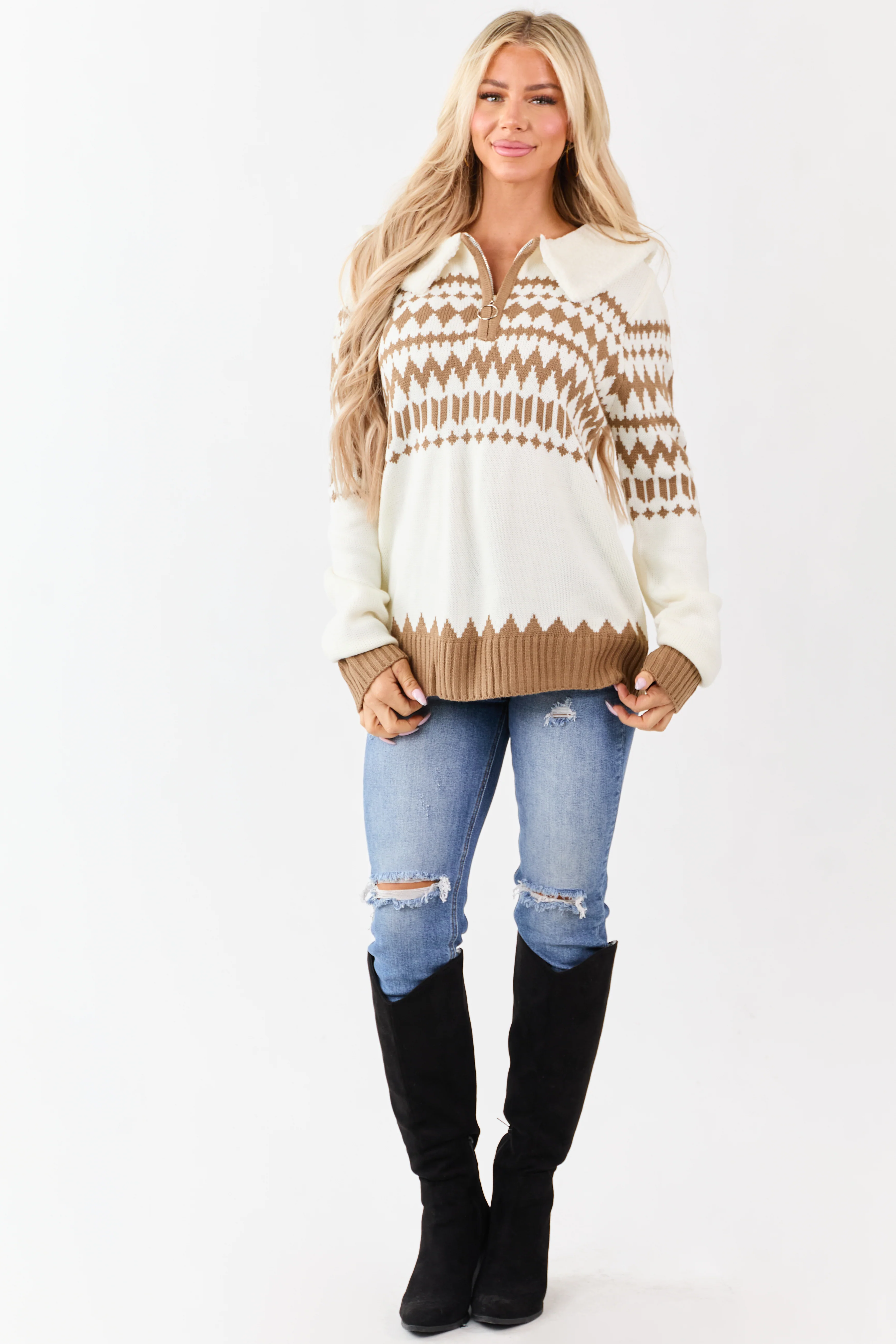 Cream Sherpa Collar Aztec Quarter Zip Sweater - Image 2