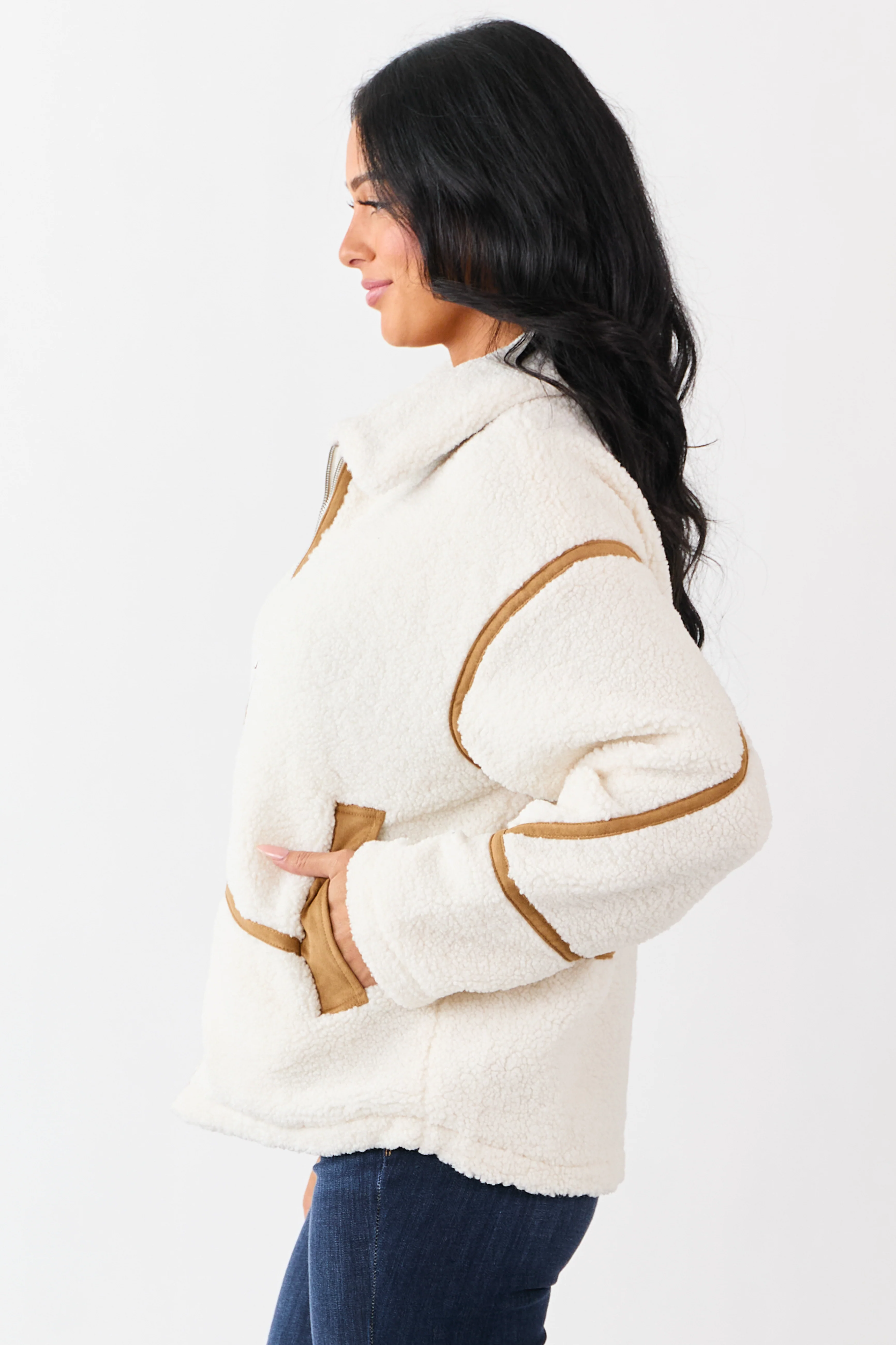Cream Sherpa Faux Suede Contrast Zip Up Jacket - Image 4