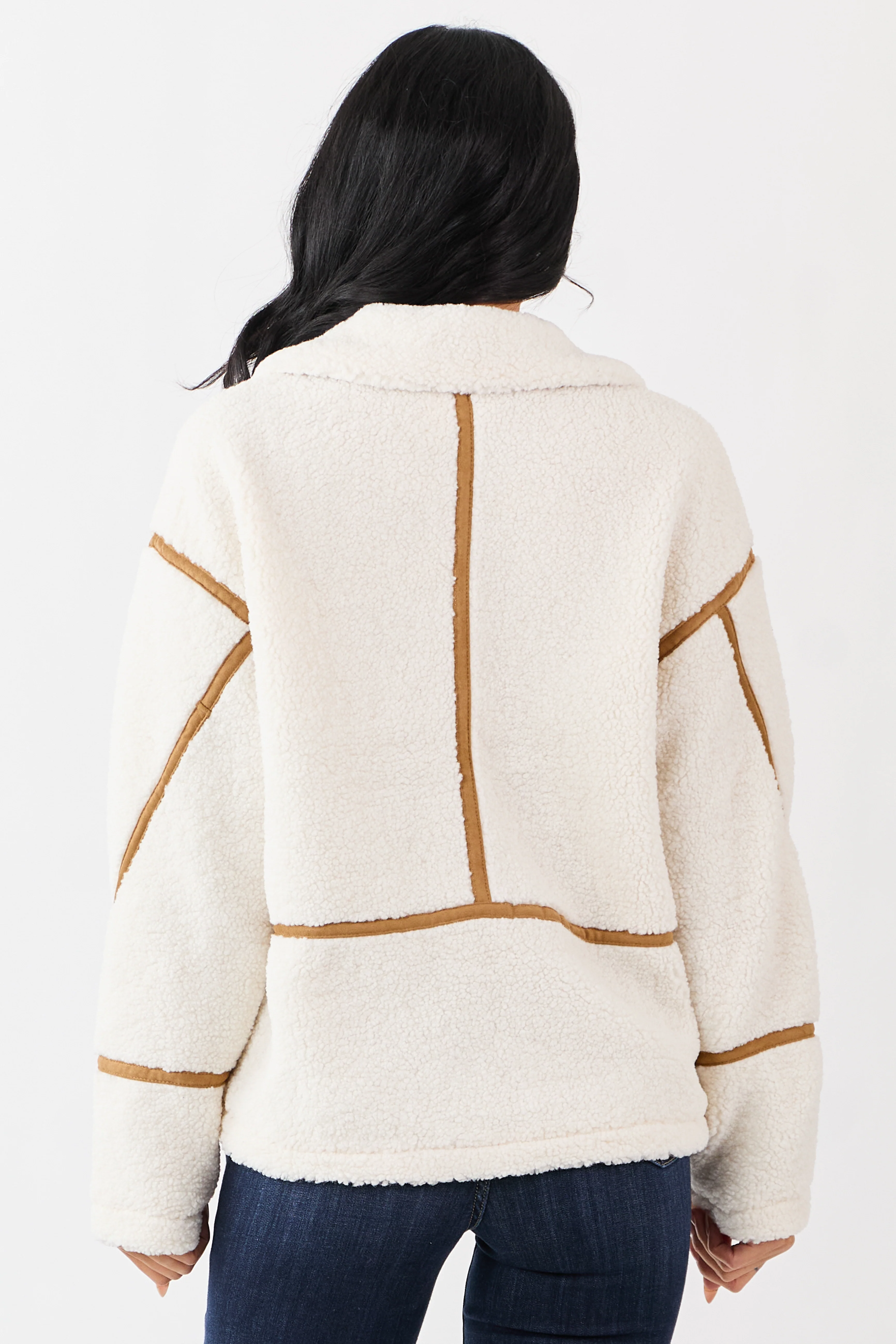 Cream Sherpa Faux Suede Contrast Zip Up Jacket - Image 5