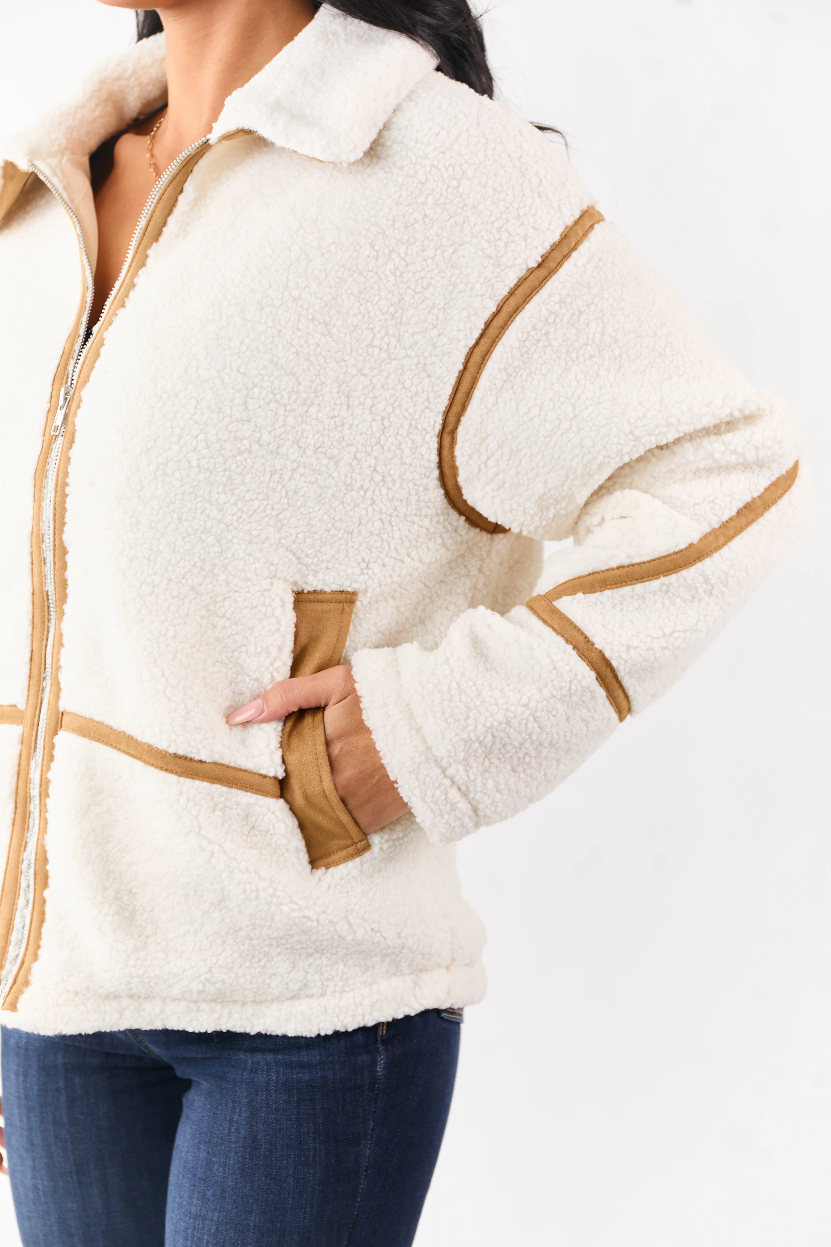 Cream Sherpa Faux Suede Contrast Zip Up Jacket - Image 6