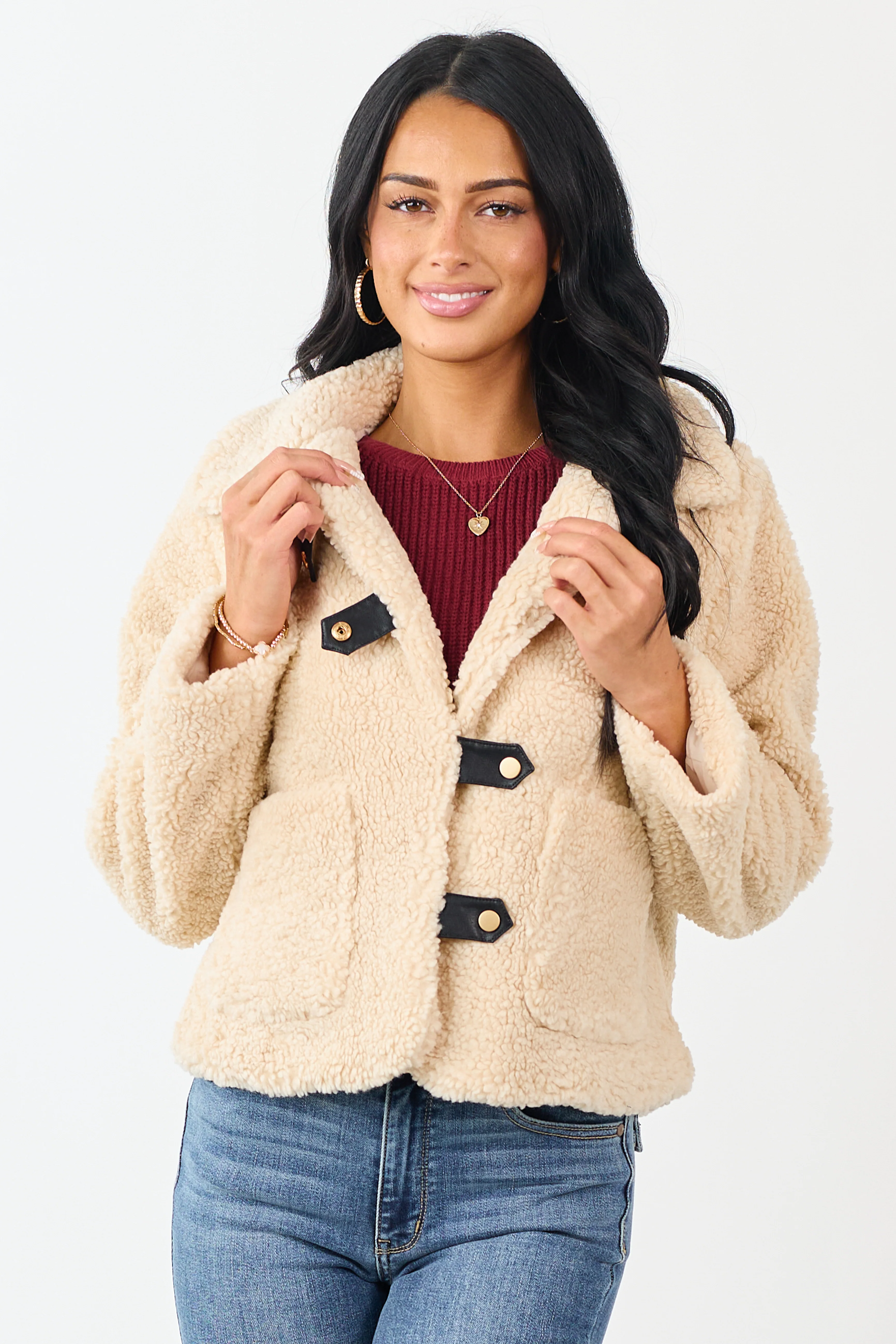 Cream Sherpa Long Sleeve Button Down Jacket