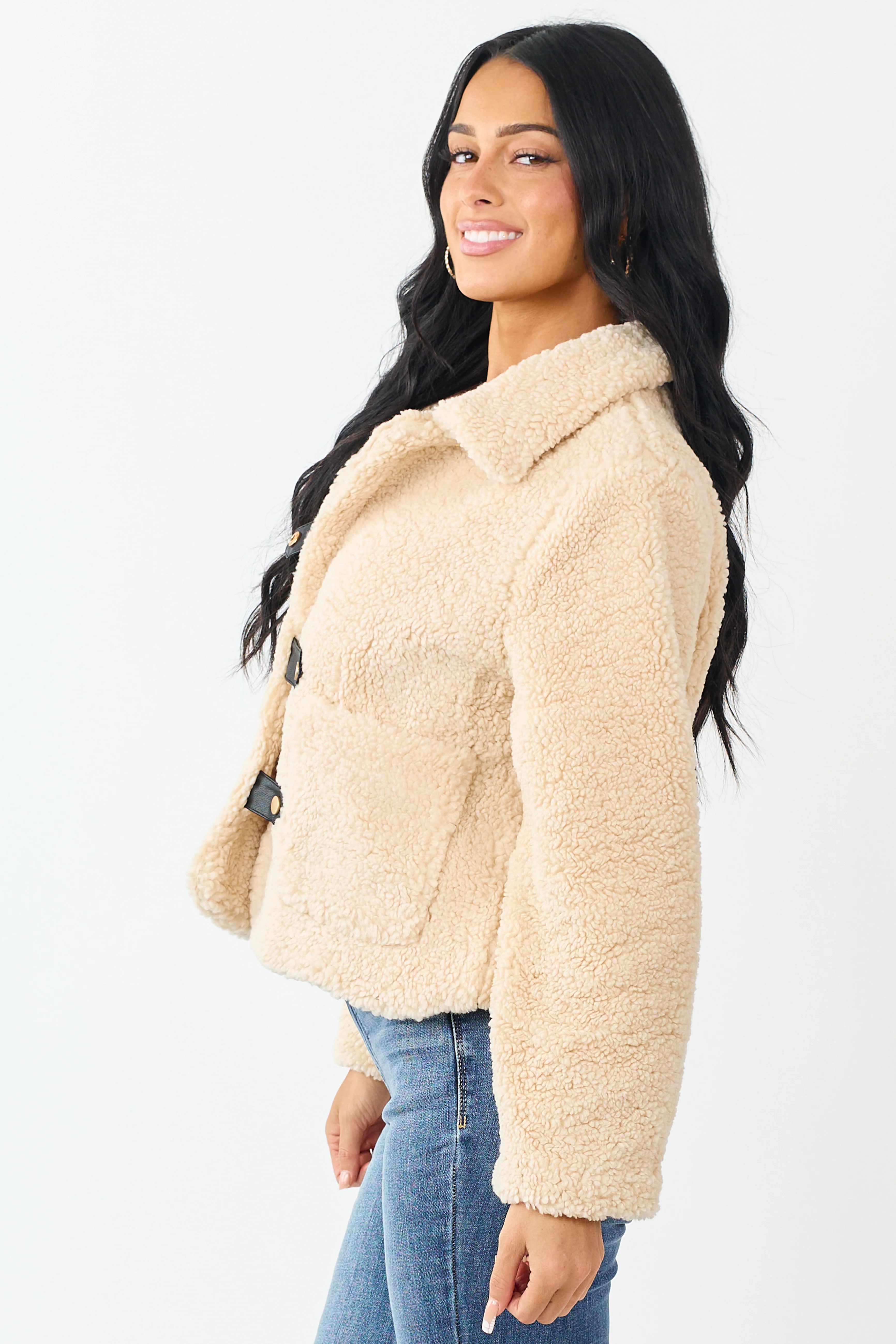 Cream Sherpa Long Sleeve Button Down Jacket - Image 4