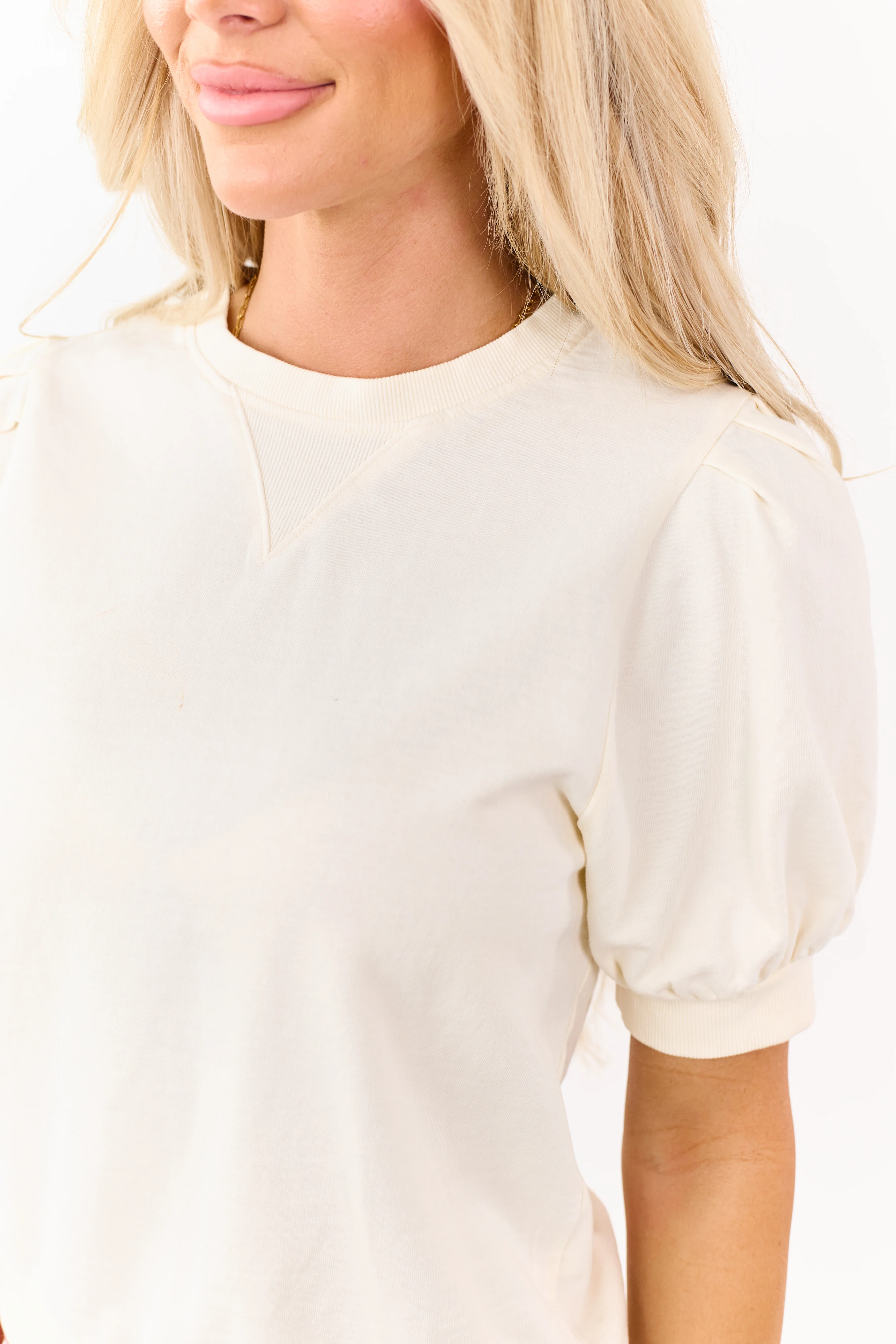Cream Short Puff Sleeve V Stitch Cotton Top - Image 6