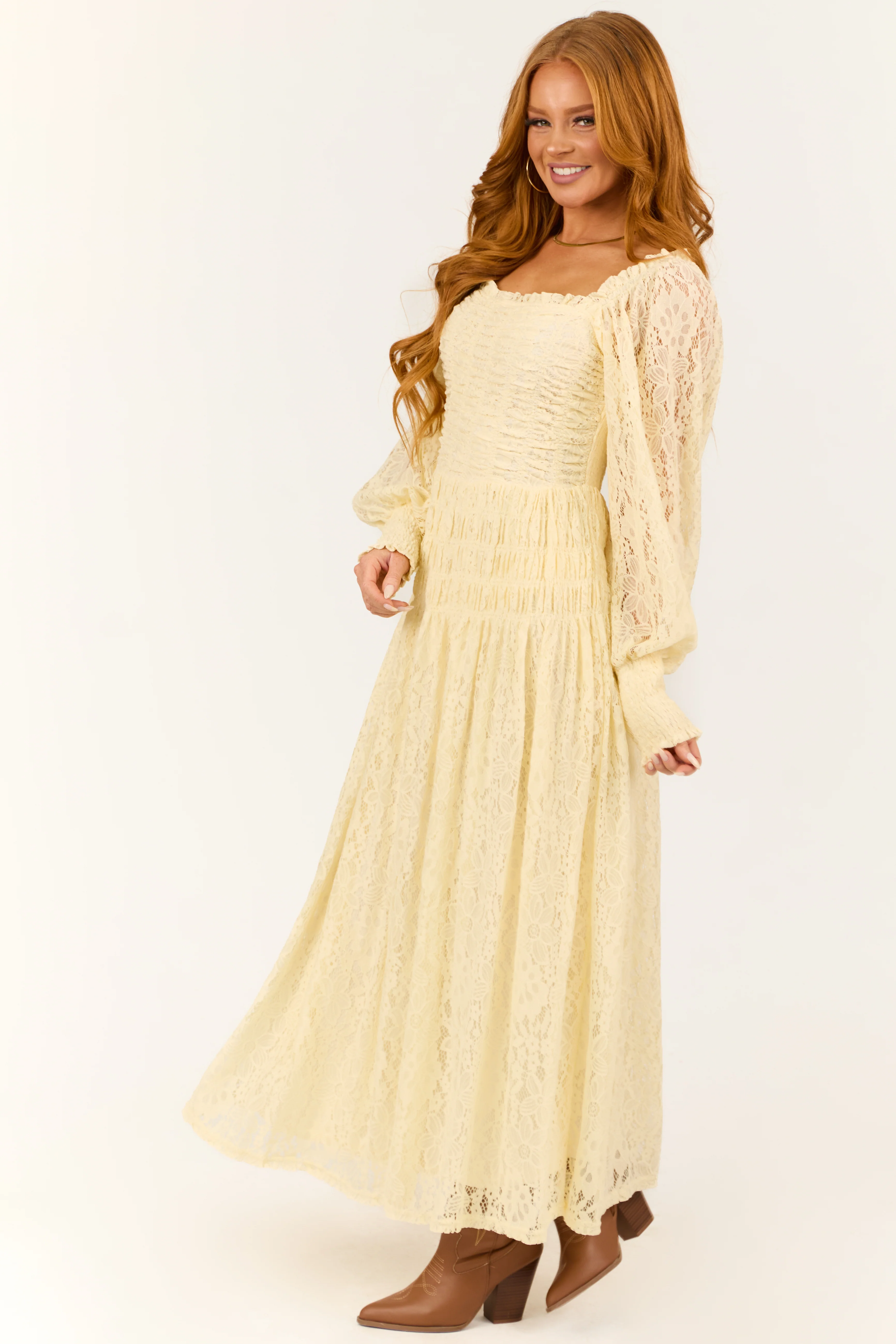Cream Smocked Bubble Sleeve Lace Maxi Dress - Image 7