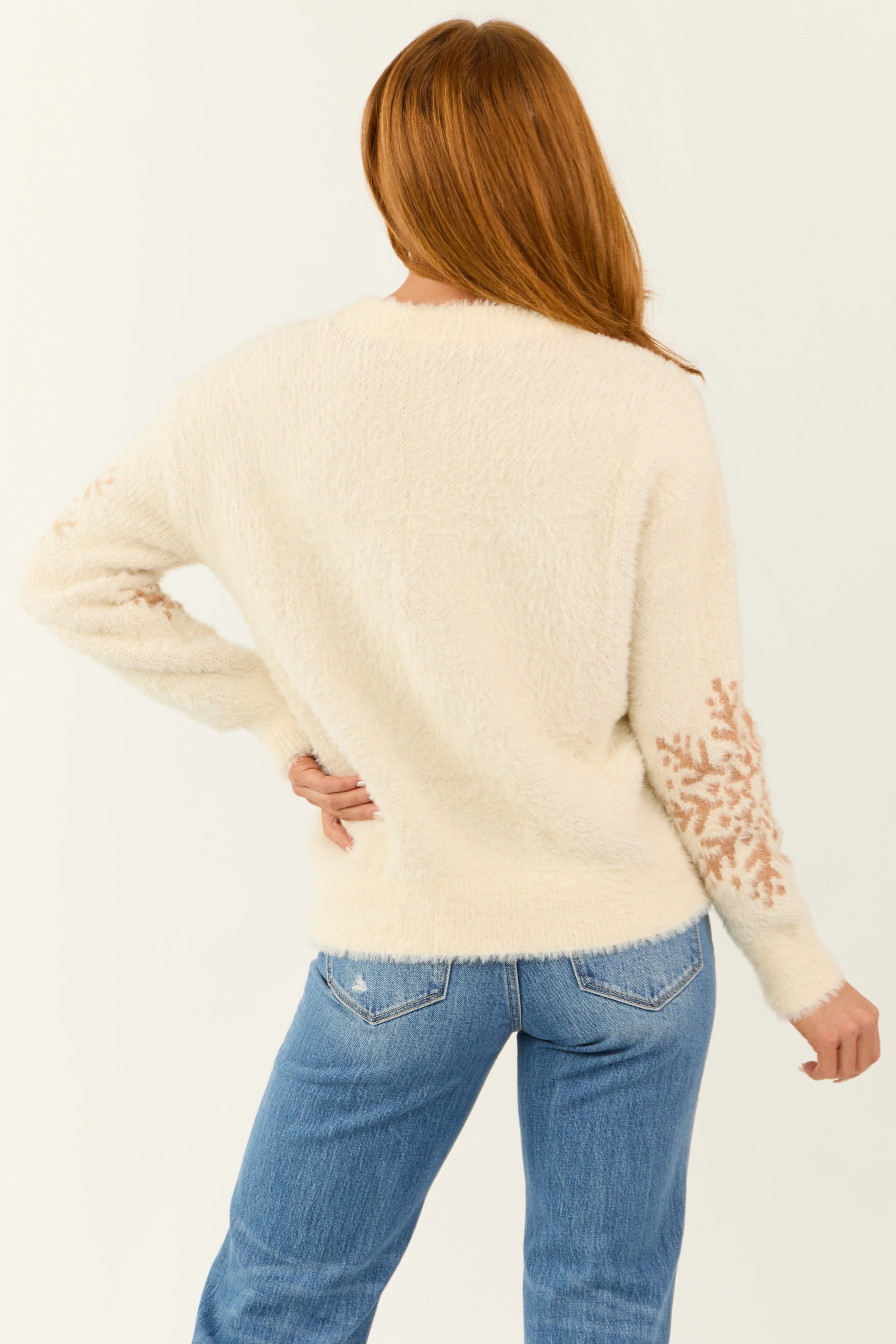 Cream Snowflake Print Fuzzy Knit Sweater - Image 6