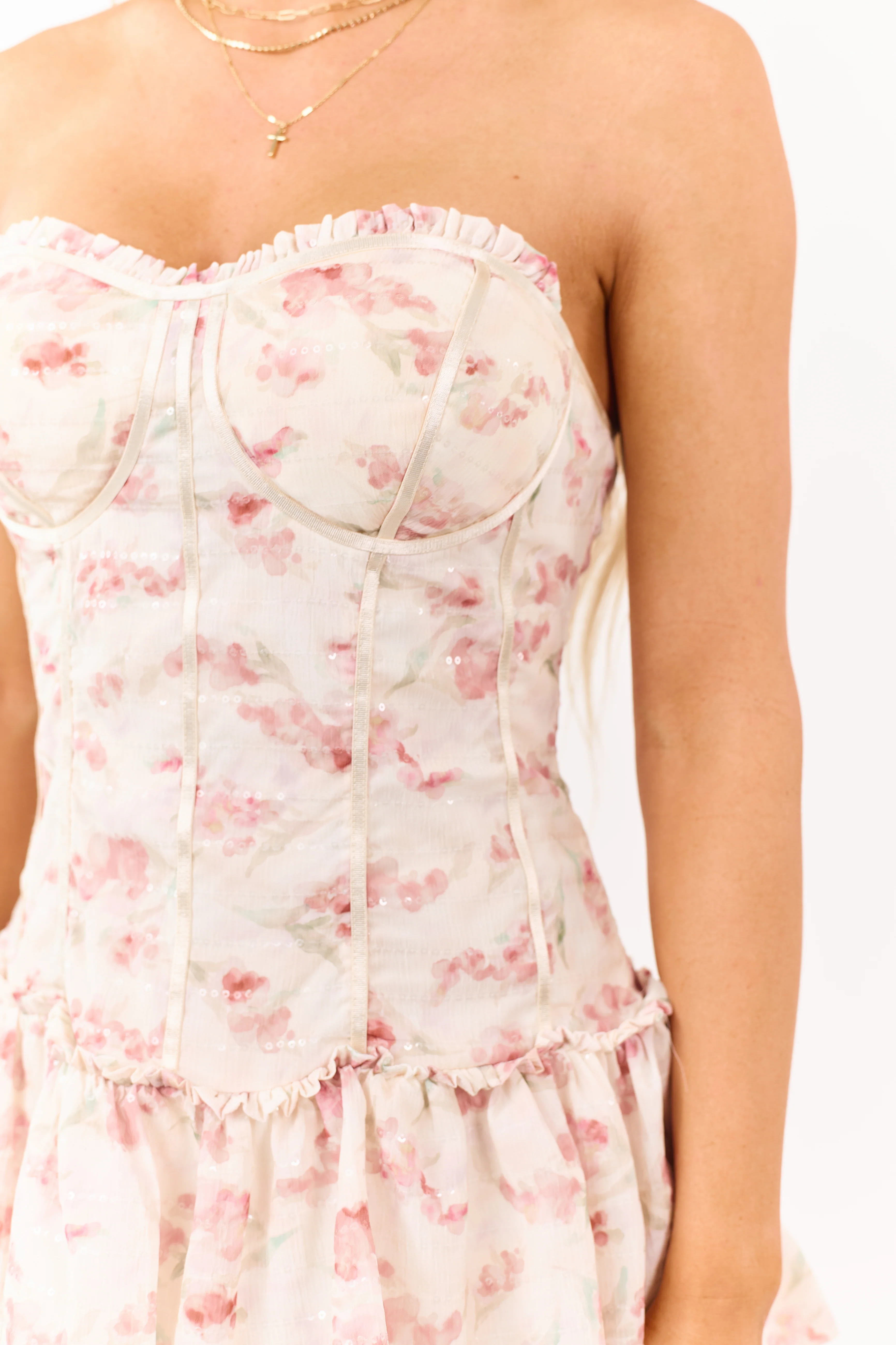 Cream Strapless Floral Print Sequined Tiered Mini Dress - Image 6