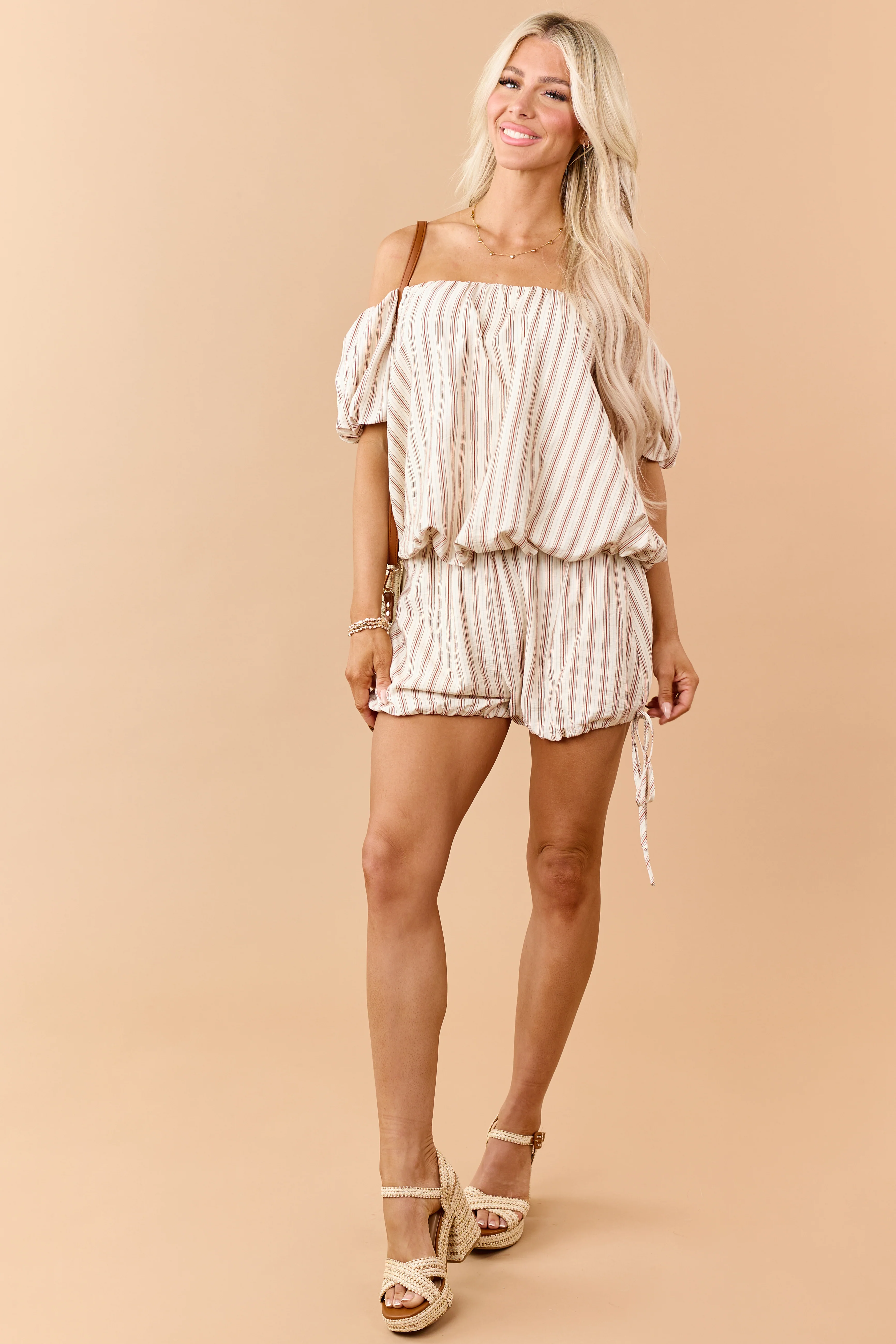 Cream Striped Bubble Hem Off Shoulder Top - Image 2