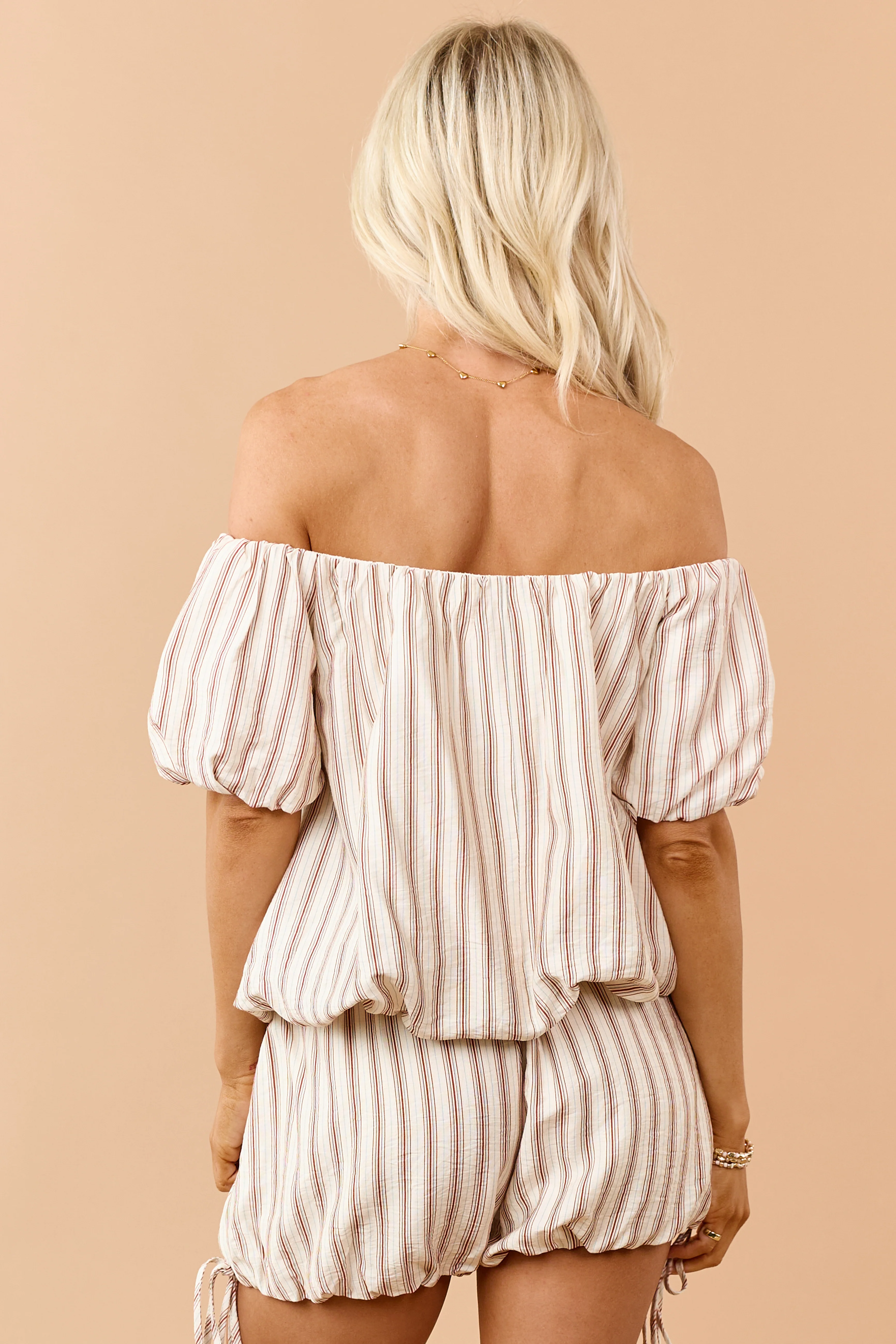Cream Striped Bubble Hem Off Shoulder Top - Image 6
