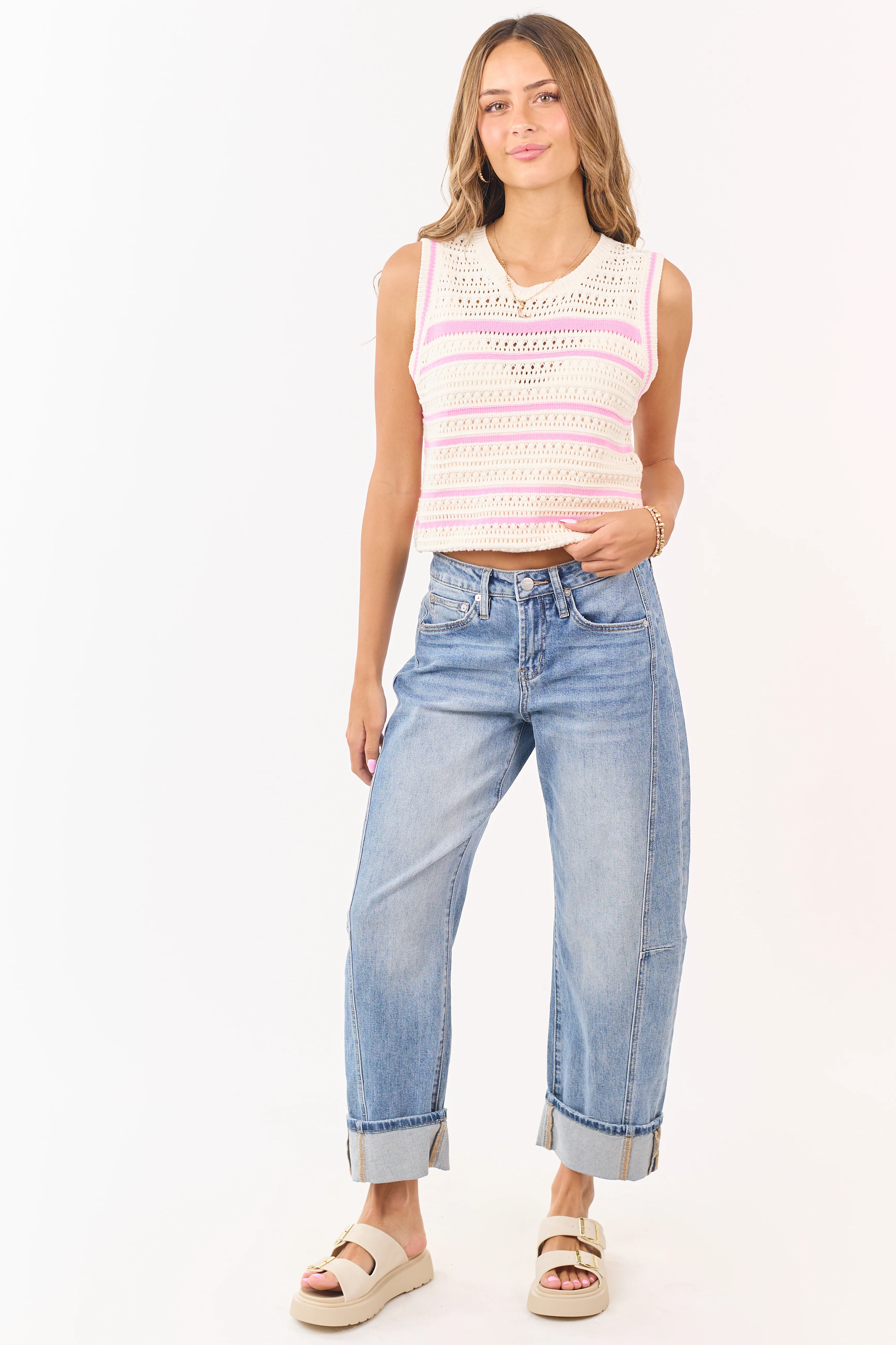 Cream Striped Pointelle Crochet Tank Top - Image 4