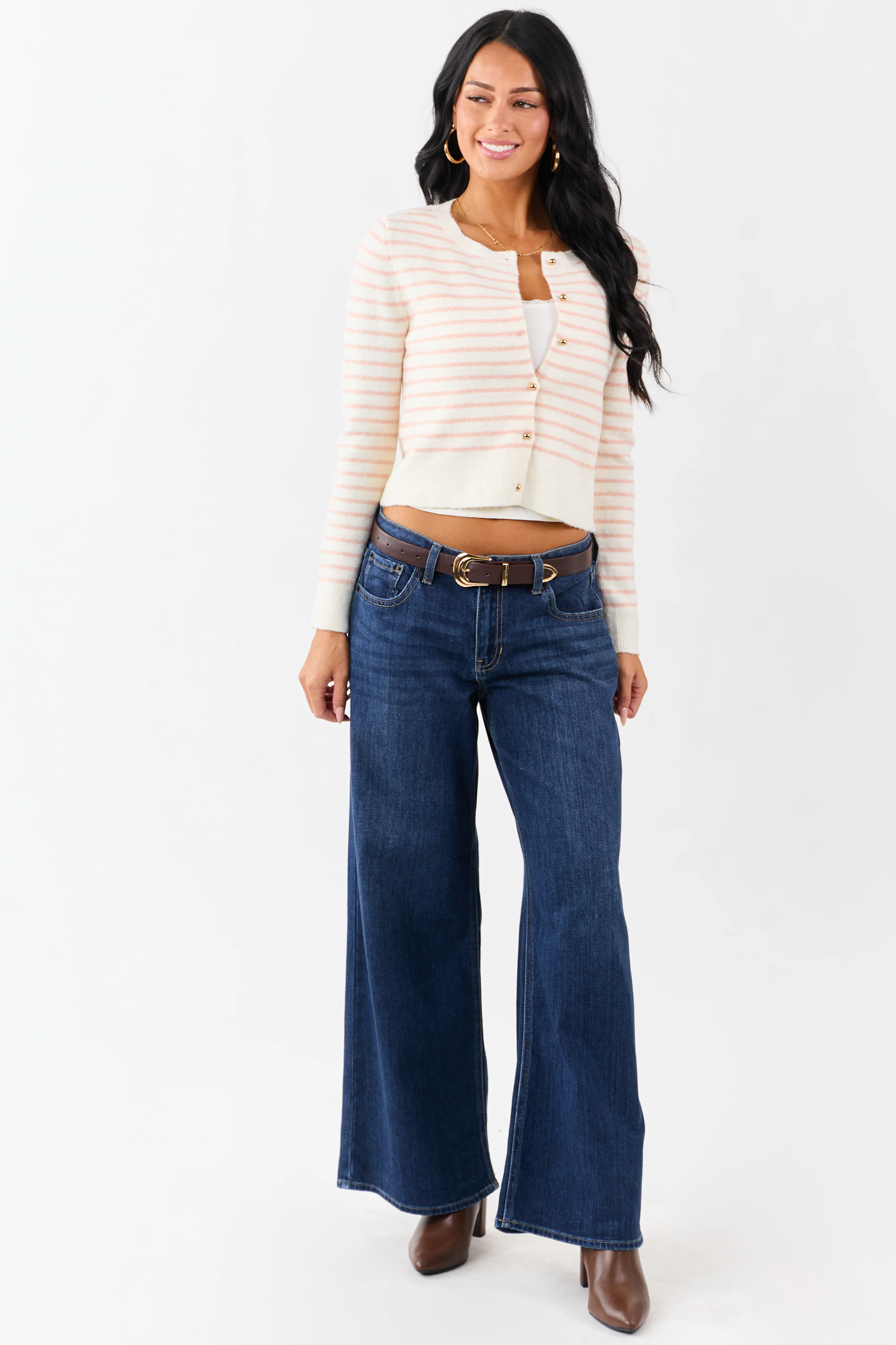 Cream Striped Wool Blend Knit Button Up Cardigan - Image 2