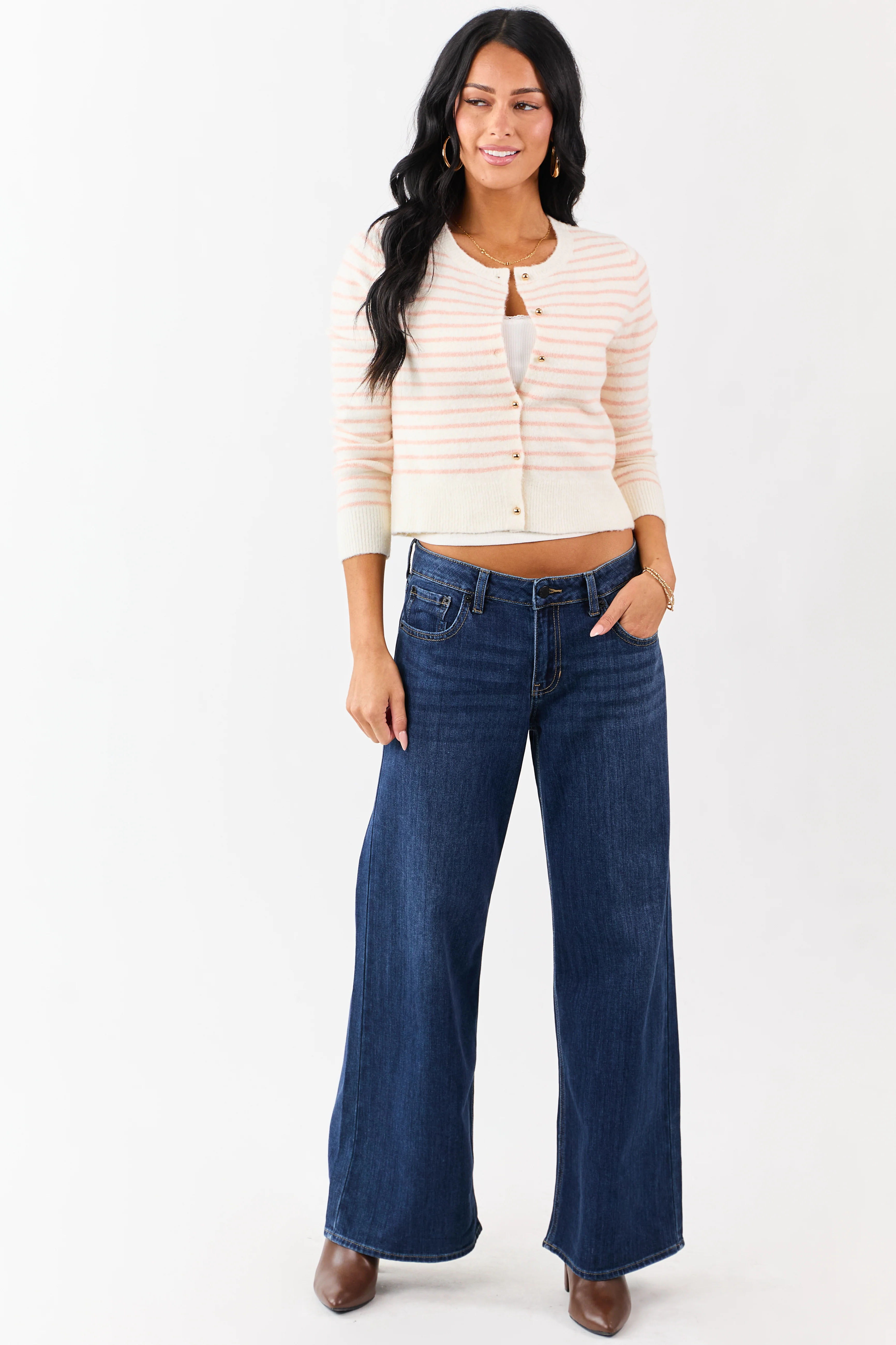 Cream Striped Wool Blend Knit Button Up Cardigan - Image 3