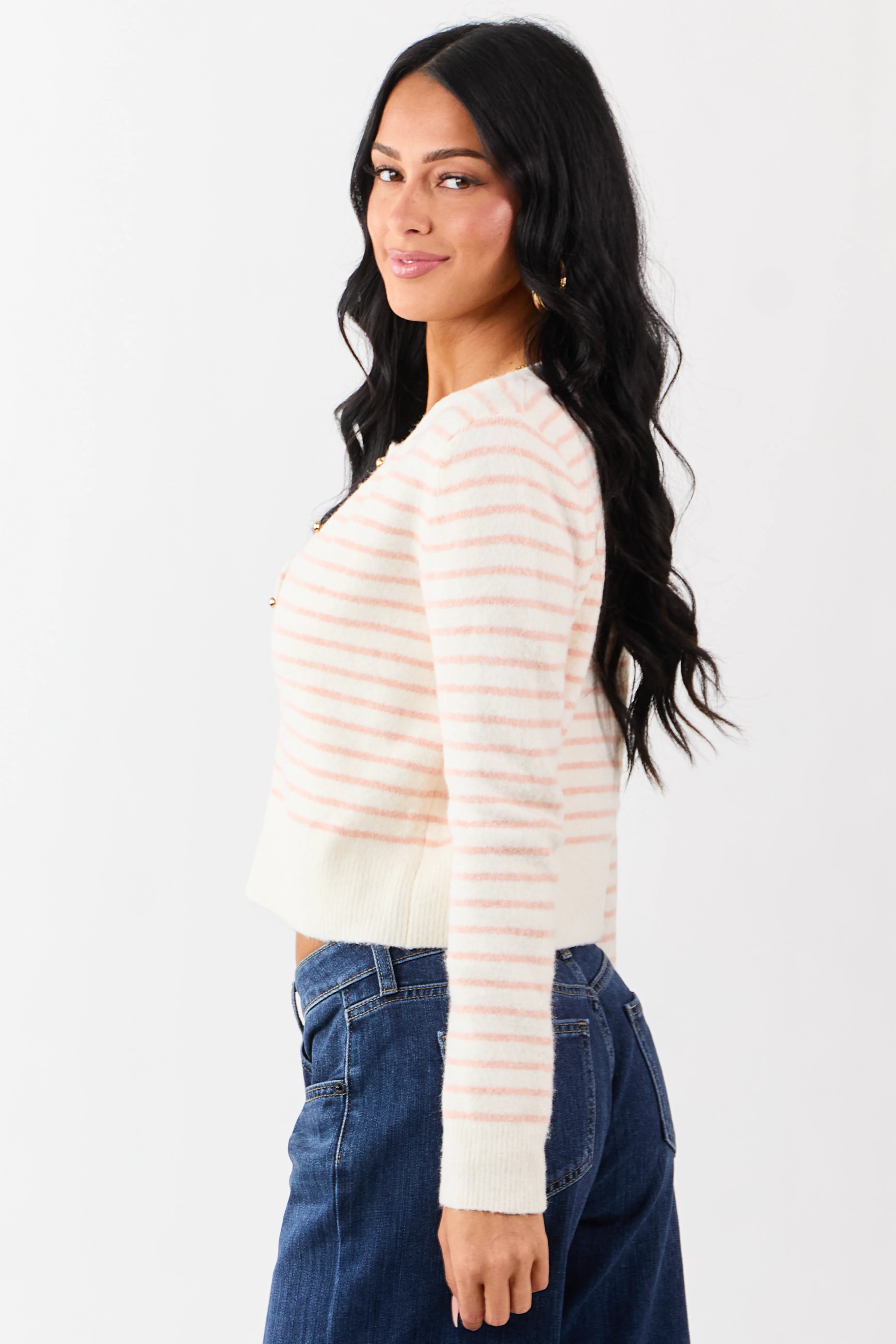 Cream Striped Wool Blend Knit Button Up Cardigan - Image 4