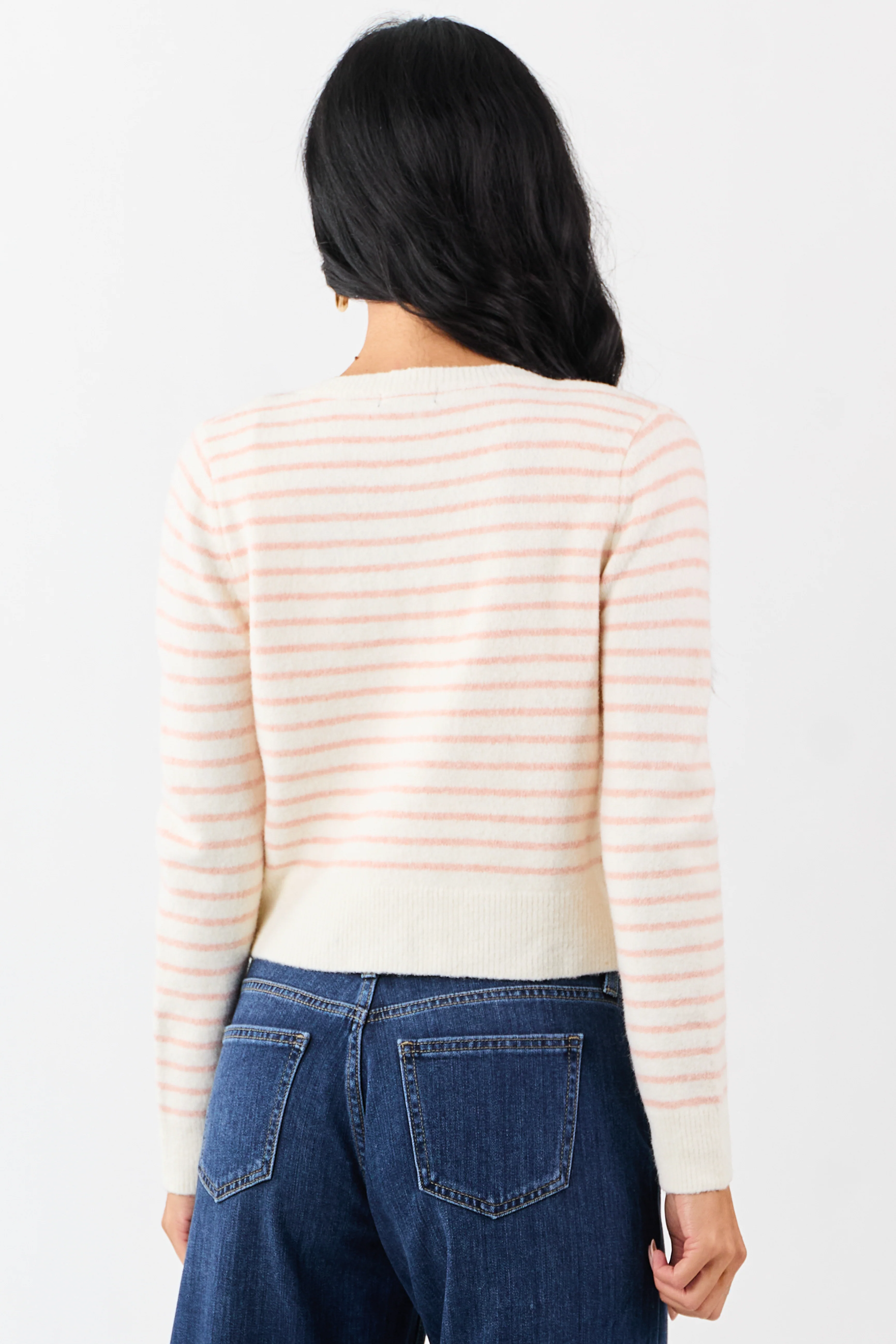 Cream Striped Wool Blend Knit Button Up Cardigan - Image 5