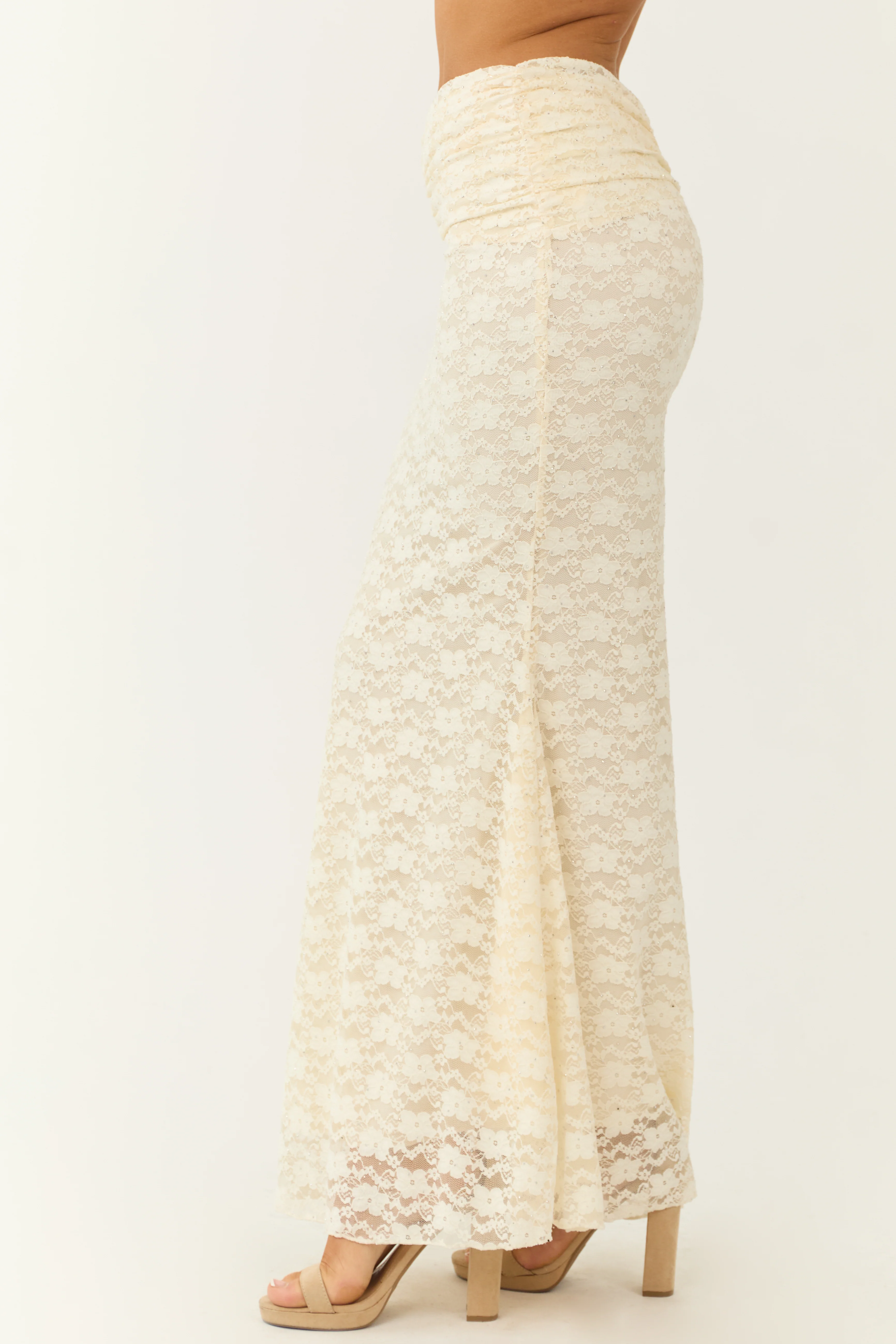 Cream Studded Floral Lace Ruched Maxi Skirt - Image 3