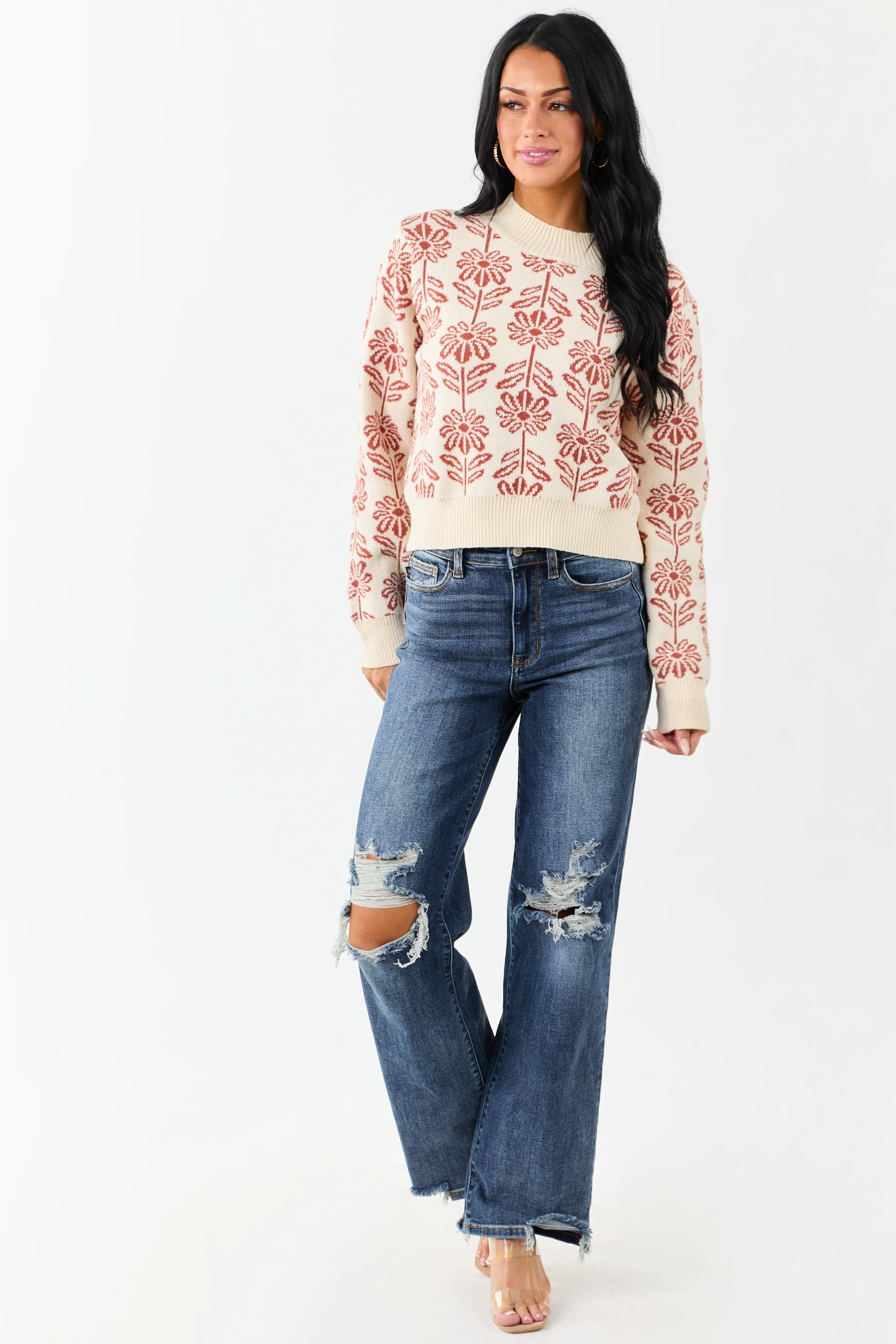 Cream and Tawny Floral Mock Neck Knit Sweater - Image 2