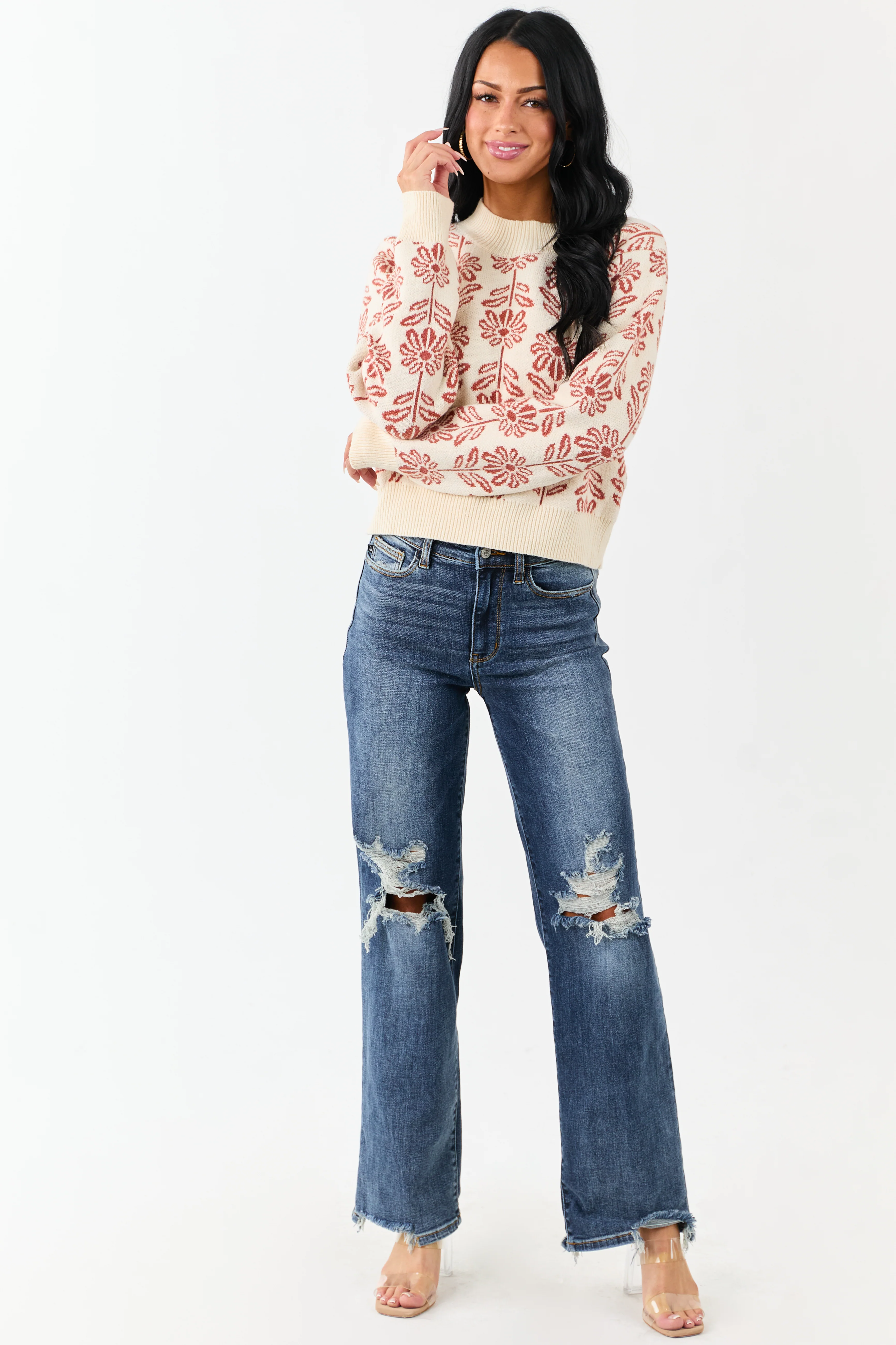 Cream and Tawny Floral Mock Neck Knit Sweater - Image 3
