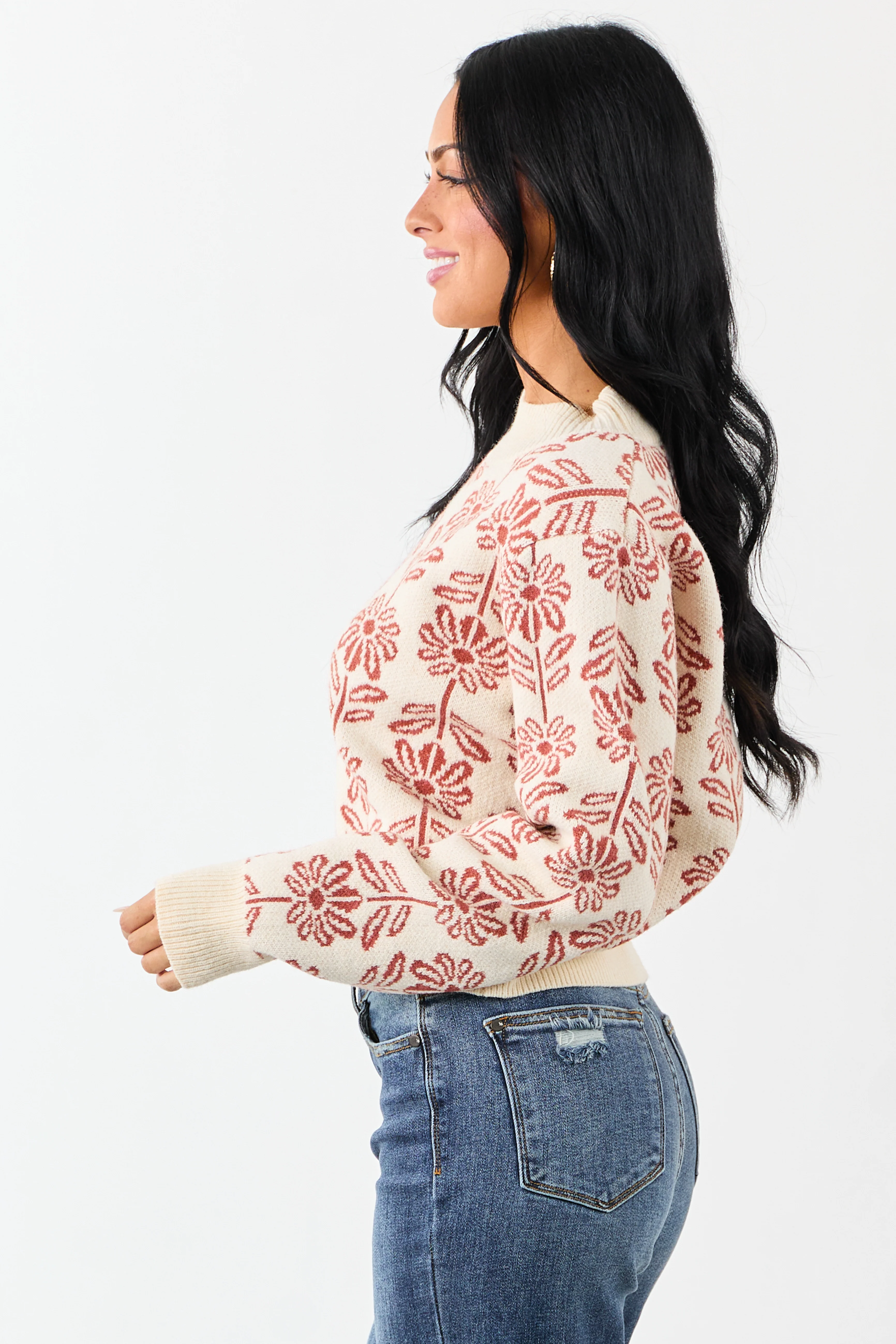 Cream and Tawny Floral Mock Neck Knit Sweater - Image 5