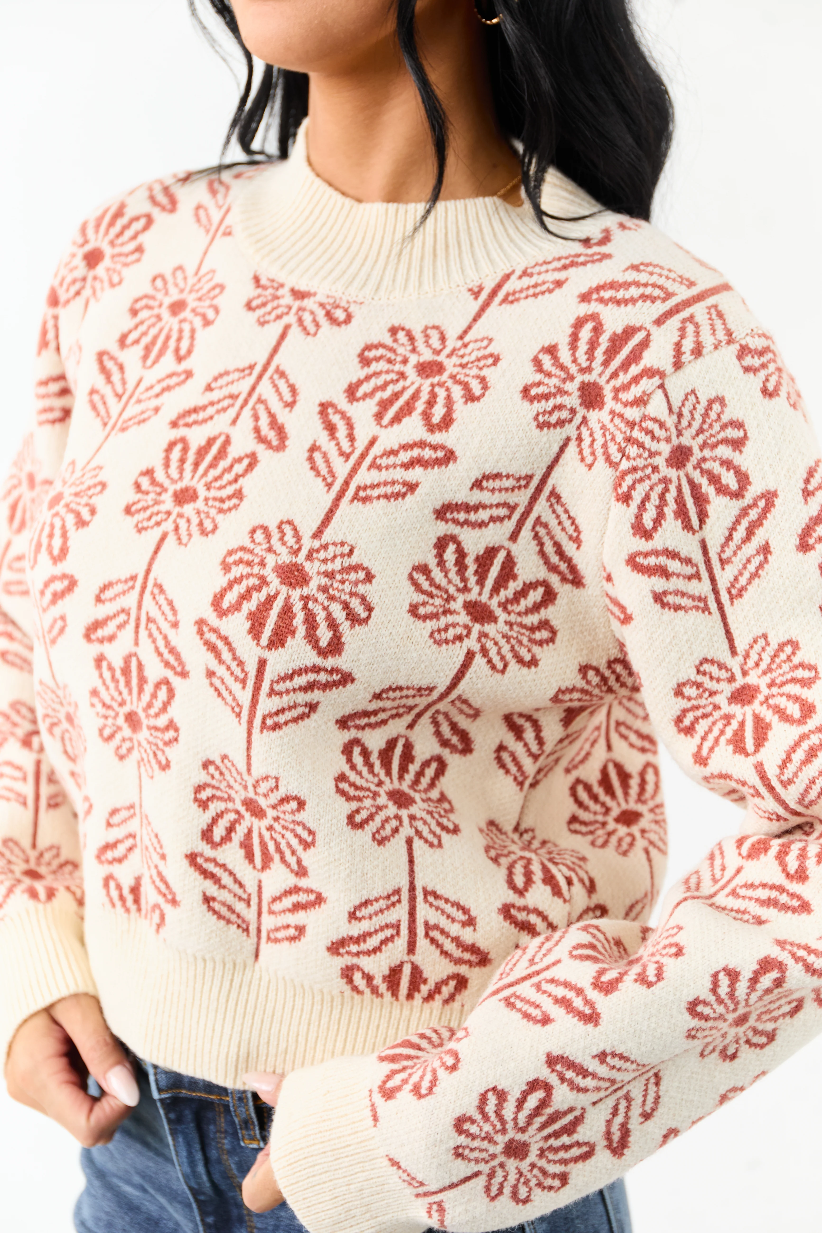Cream and Tawny Floral Mock Neck Knit Sweater - Image 7