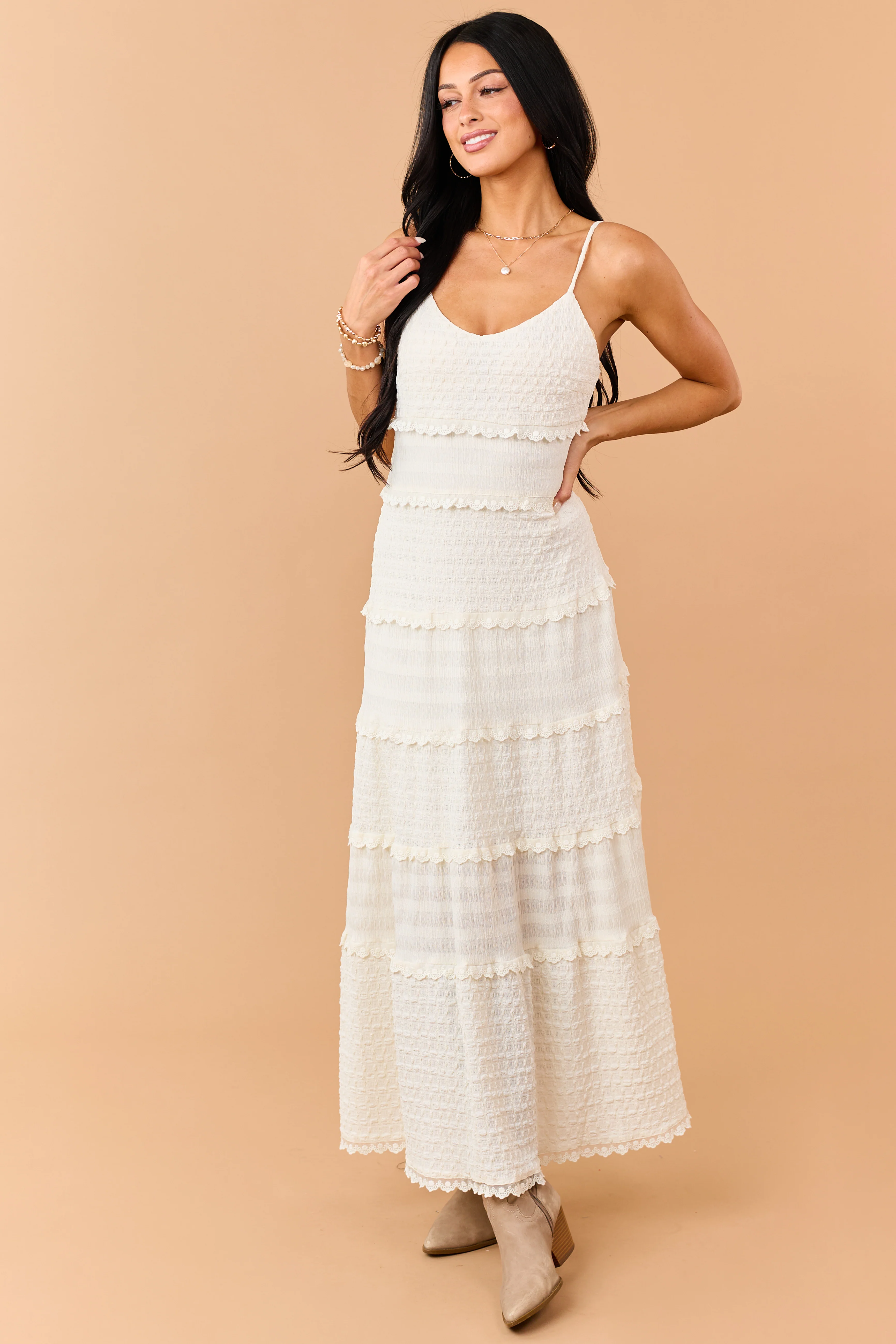 Cream Textured Tiered Lace Maxi Dress - Image 3