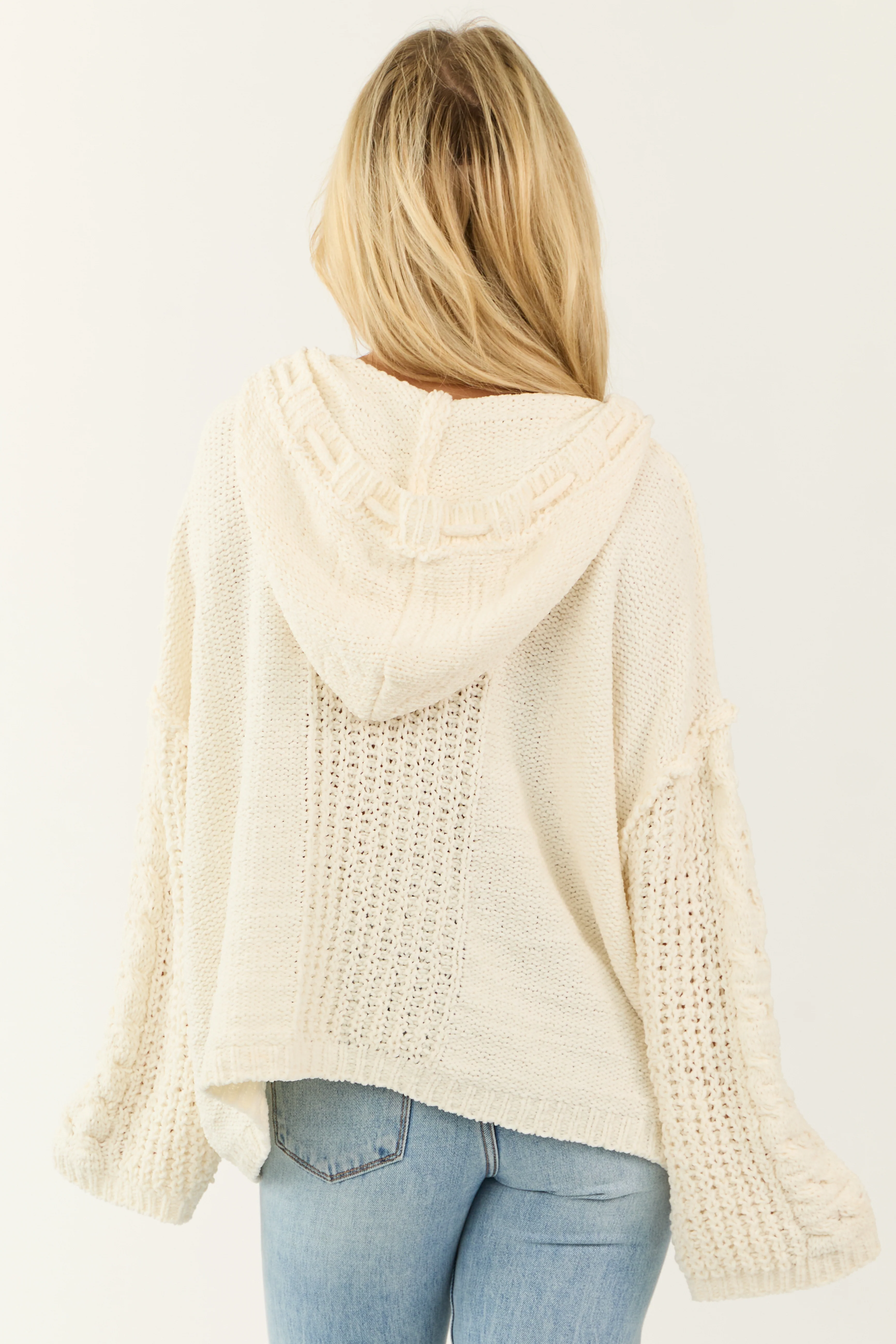 Cream Tie Neckline Detail Hooded Sweater - Image 7