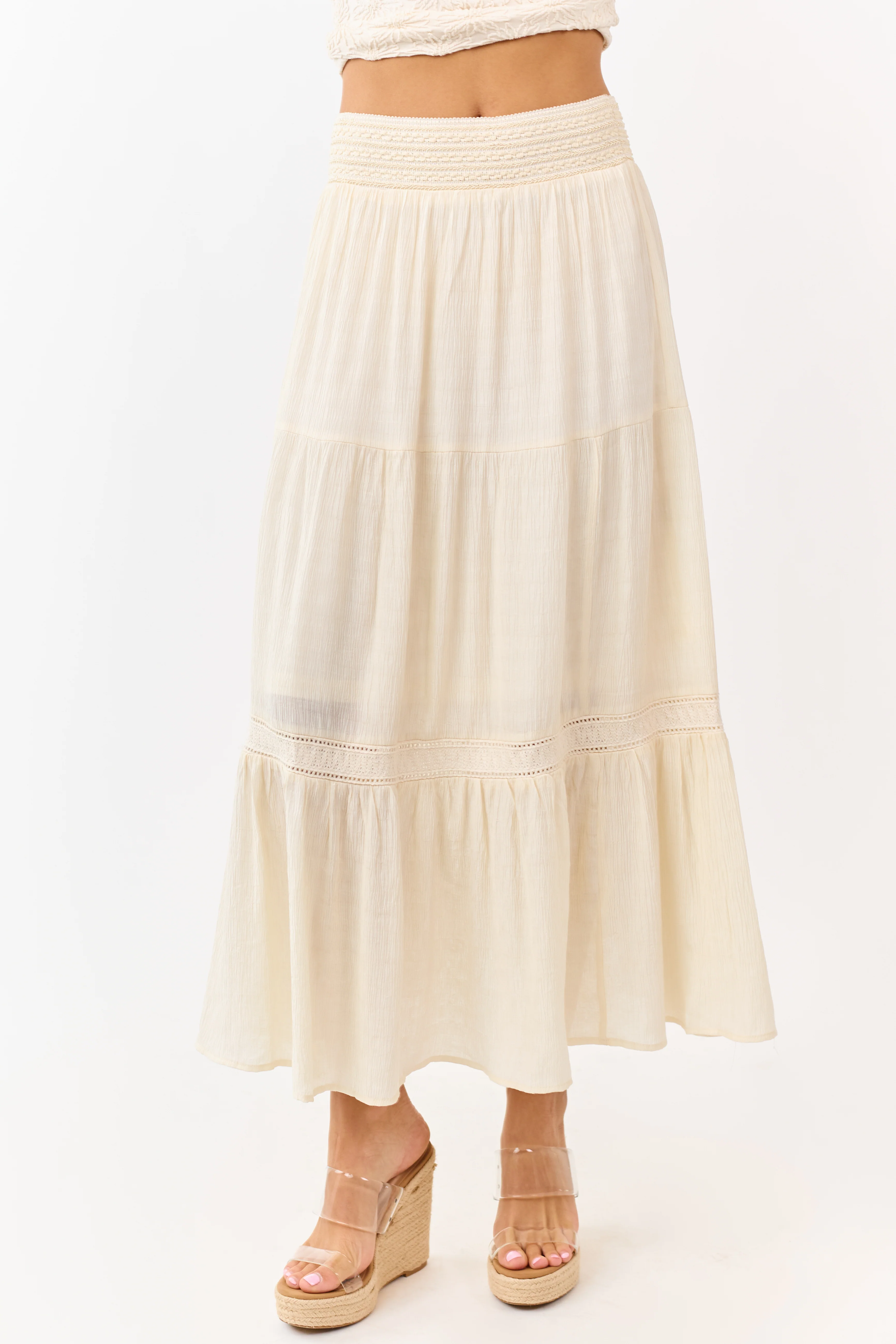 Cream Tiered Smocked Waistband Midi Skirt - Image 2