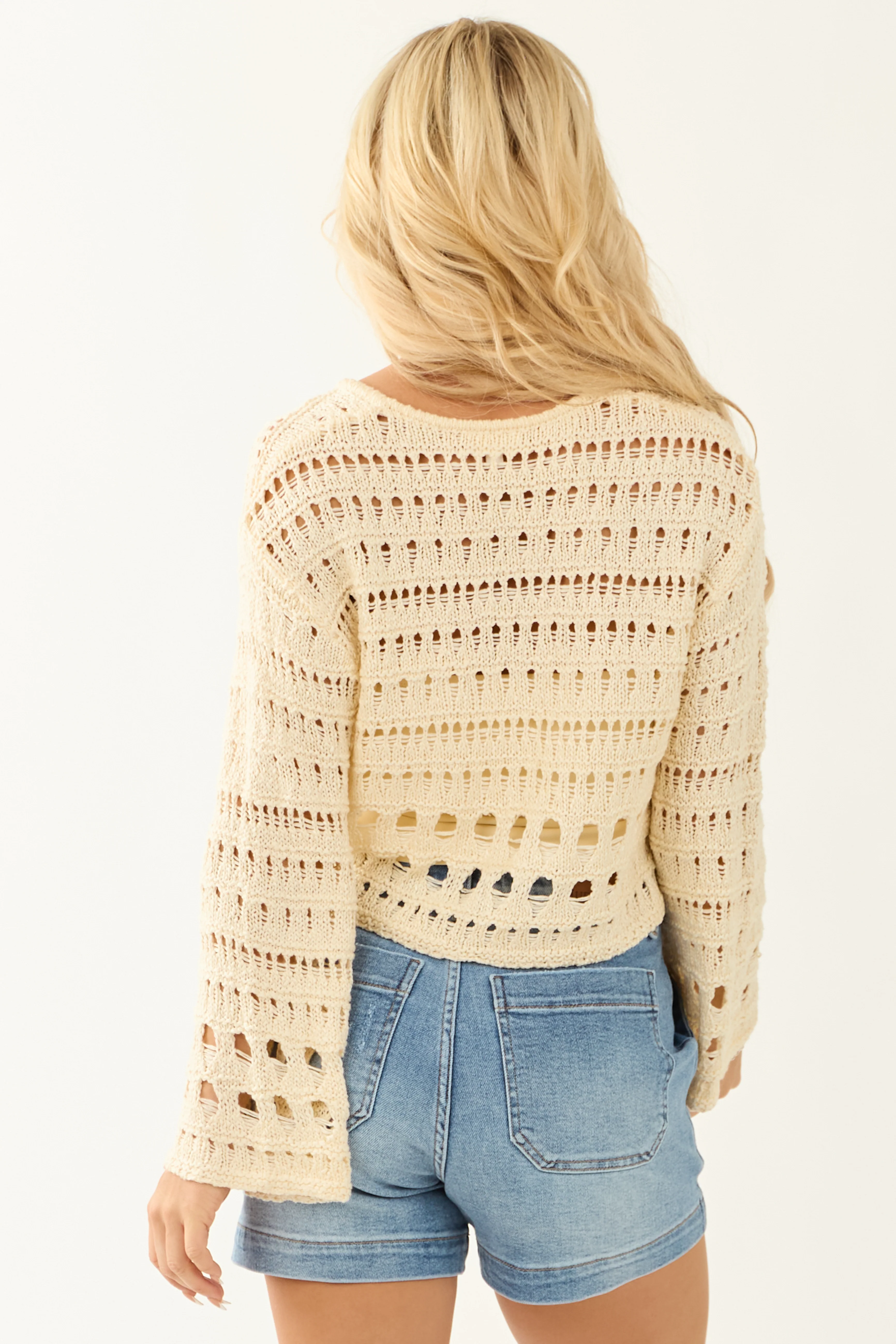 Cream V Neck Flare Sleeve Cropped Sweater - Image 5