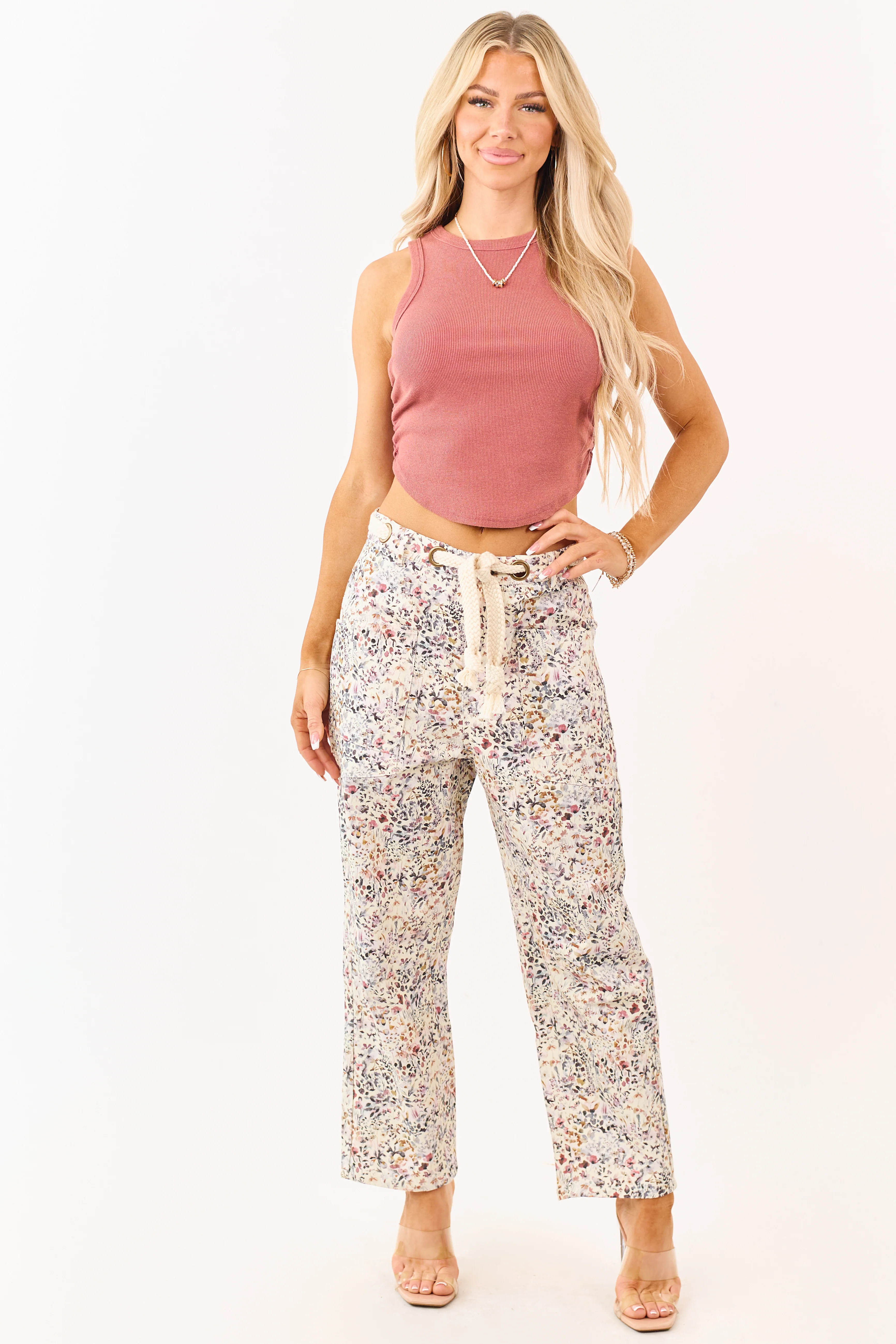 Cream Wildflower Waist Tie Barrel Leg Denim Pants - Image 2