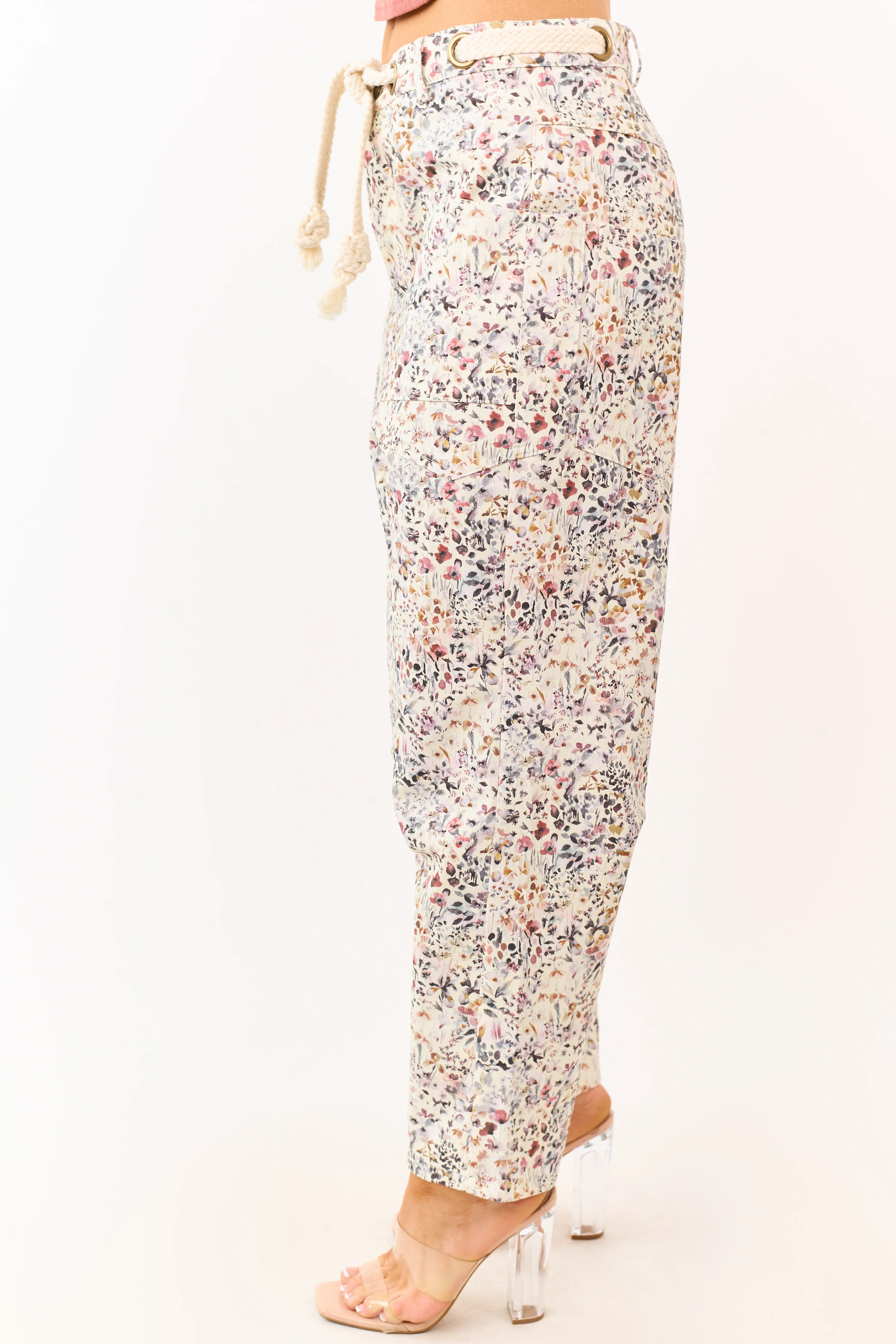 Cream Wildflower Waist Tie Barrel Leg Denim Pants - Image 3