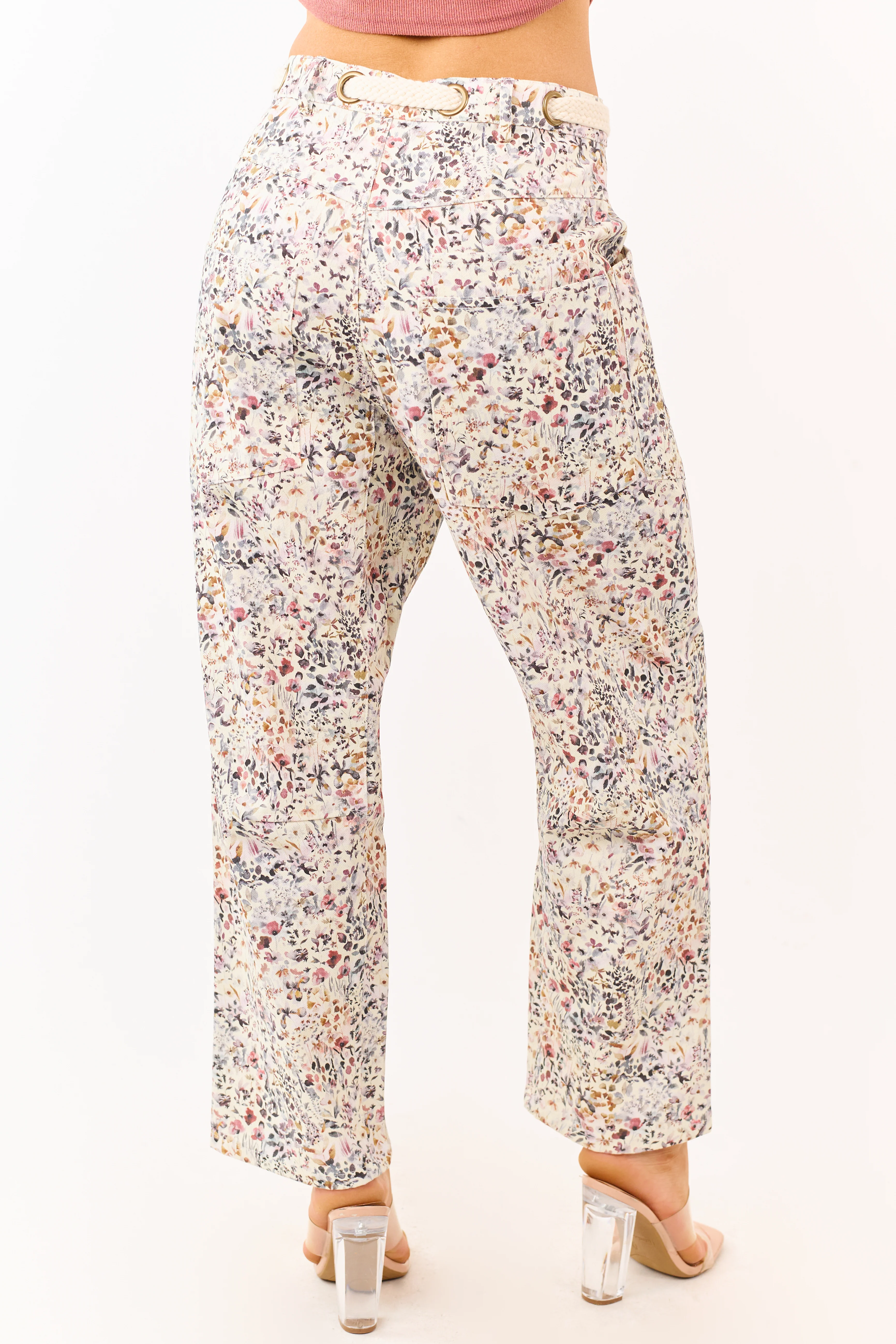 Cream Wildflower Waist Tie Barrel Leg Denim Pants - Image 4