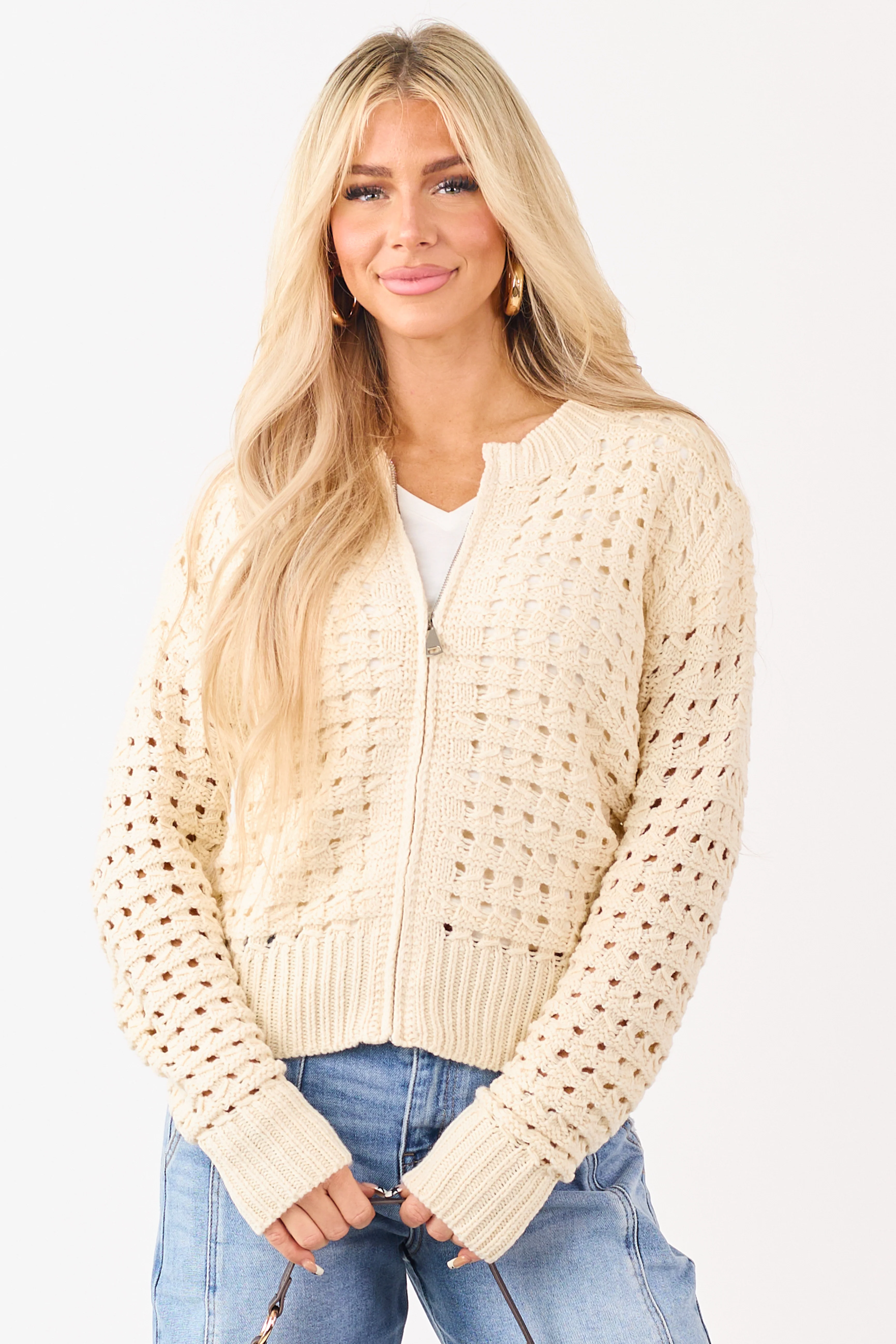 Cream Zip Up Open Knit Sweater Cardigan