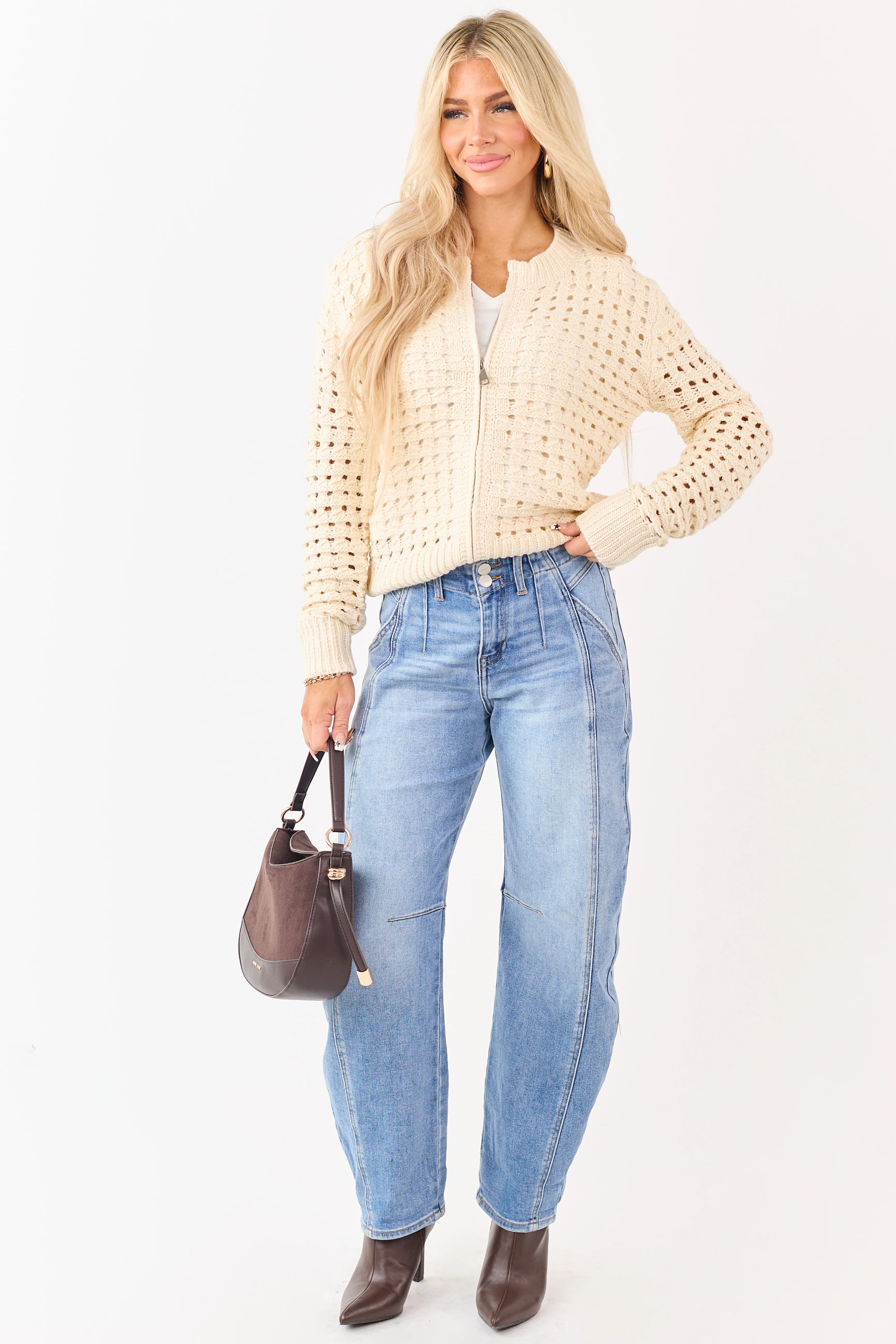 Cream Zip Up Open Knit Sweater Cardigan - Image 2