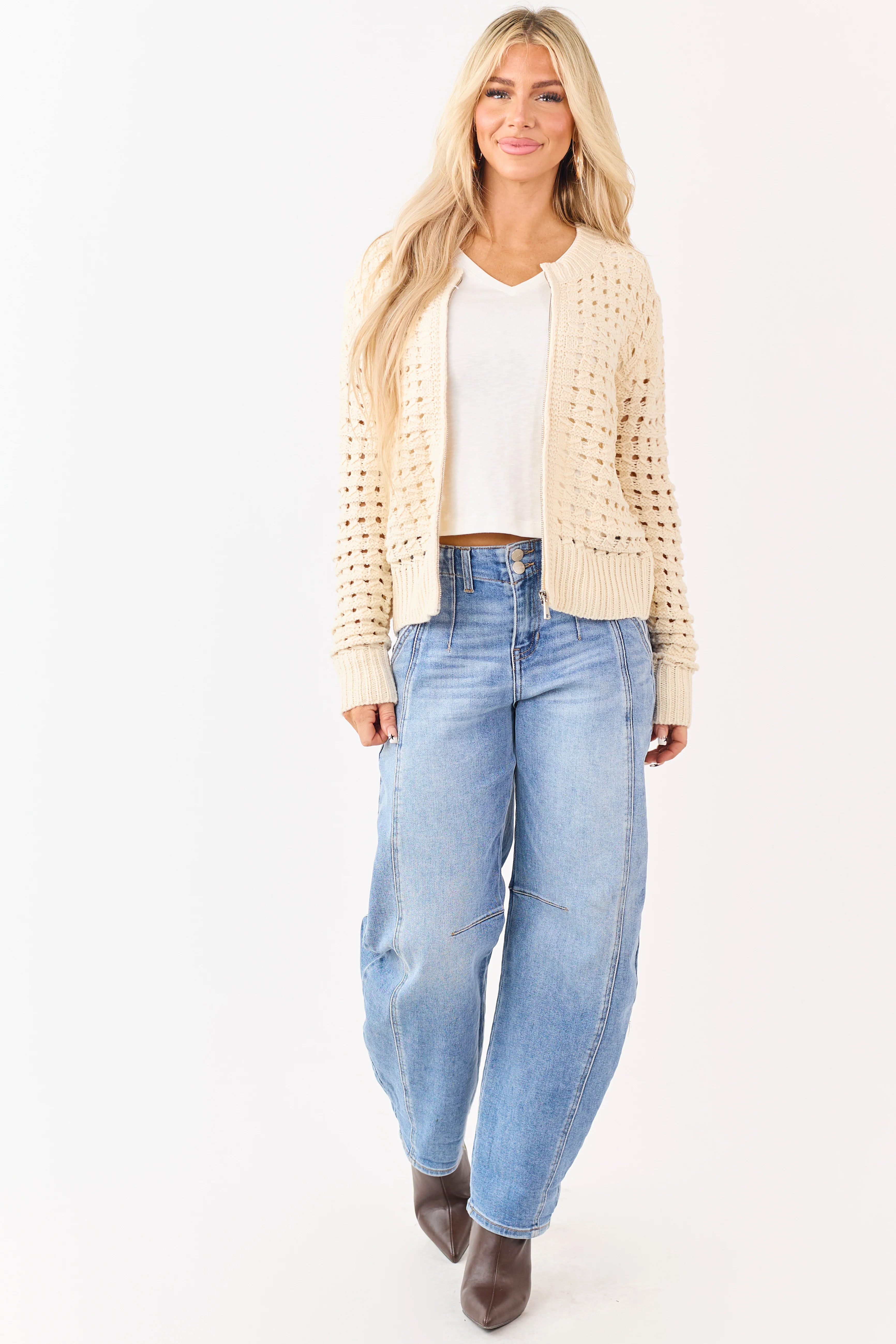 Cream Zip Up Open Knit Sweater Cardigan - Image 4