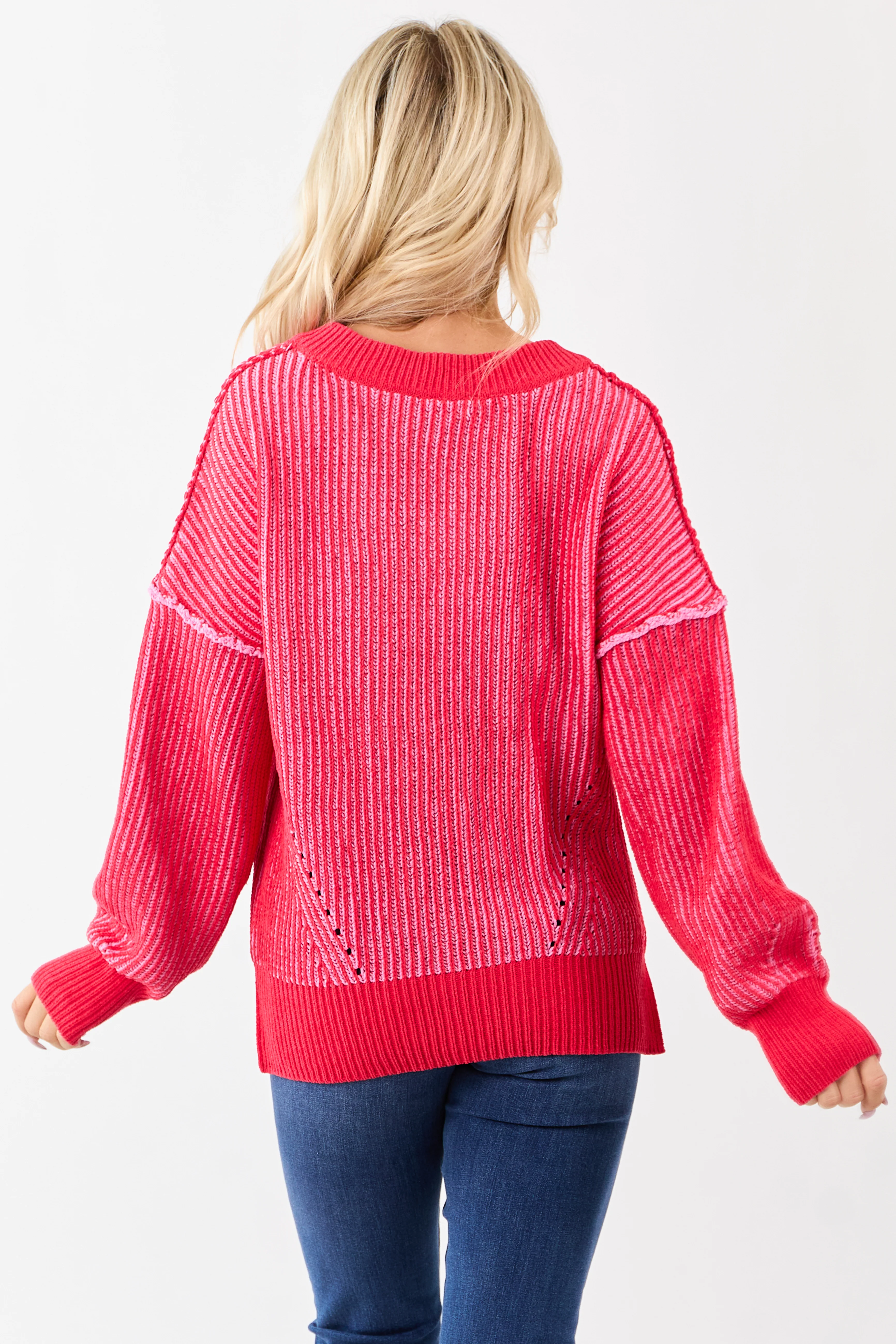 Crimson and Carnation Two Tone Ribbed Knit Sweater - Image 5
