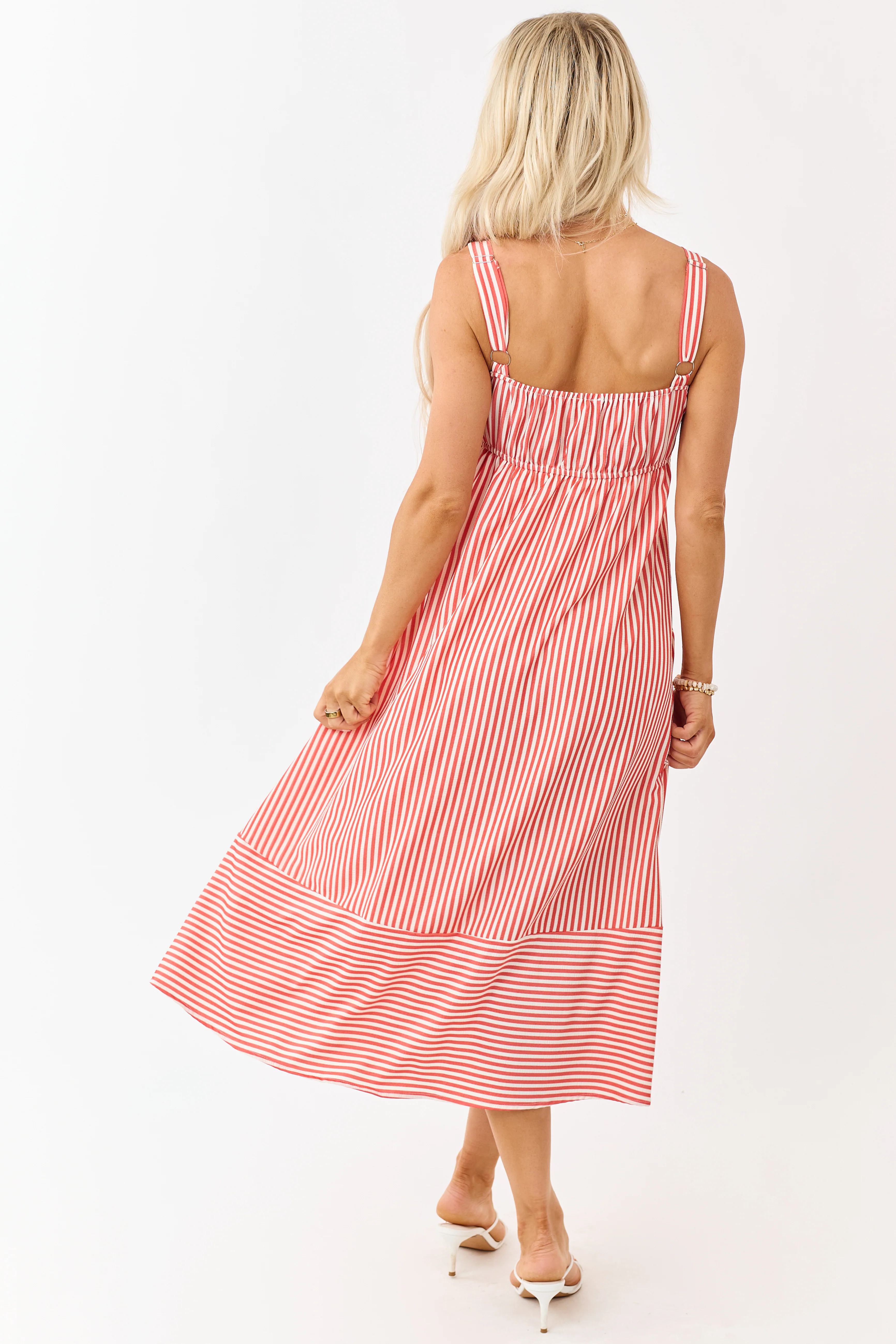 Crimson and Cream Striped Button Detail Midi Dress - Image 5