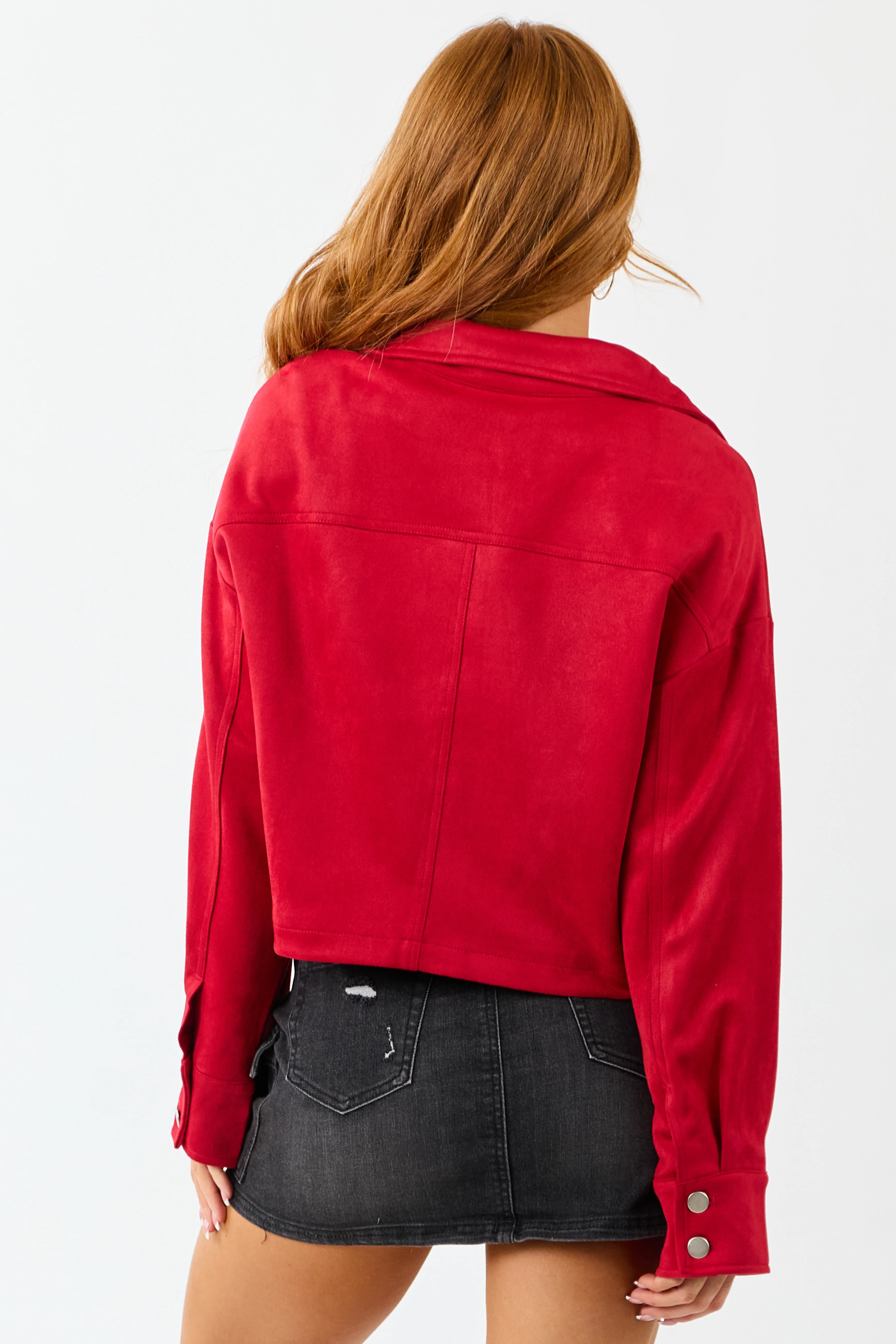 Crimson Faux Suede Long Sleeve Zip Up Jacket - Image 7