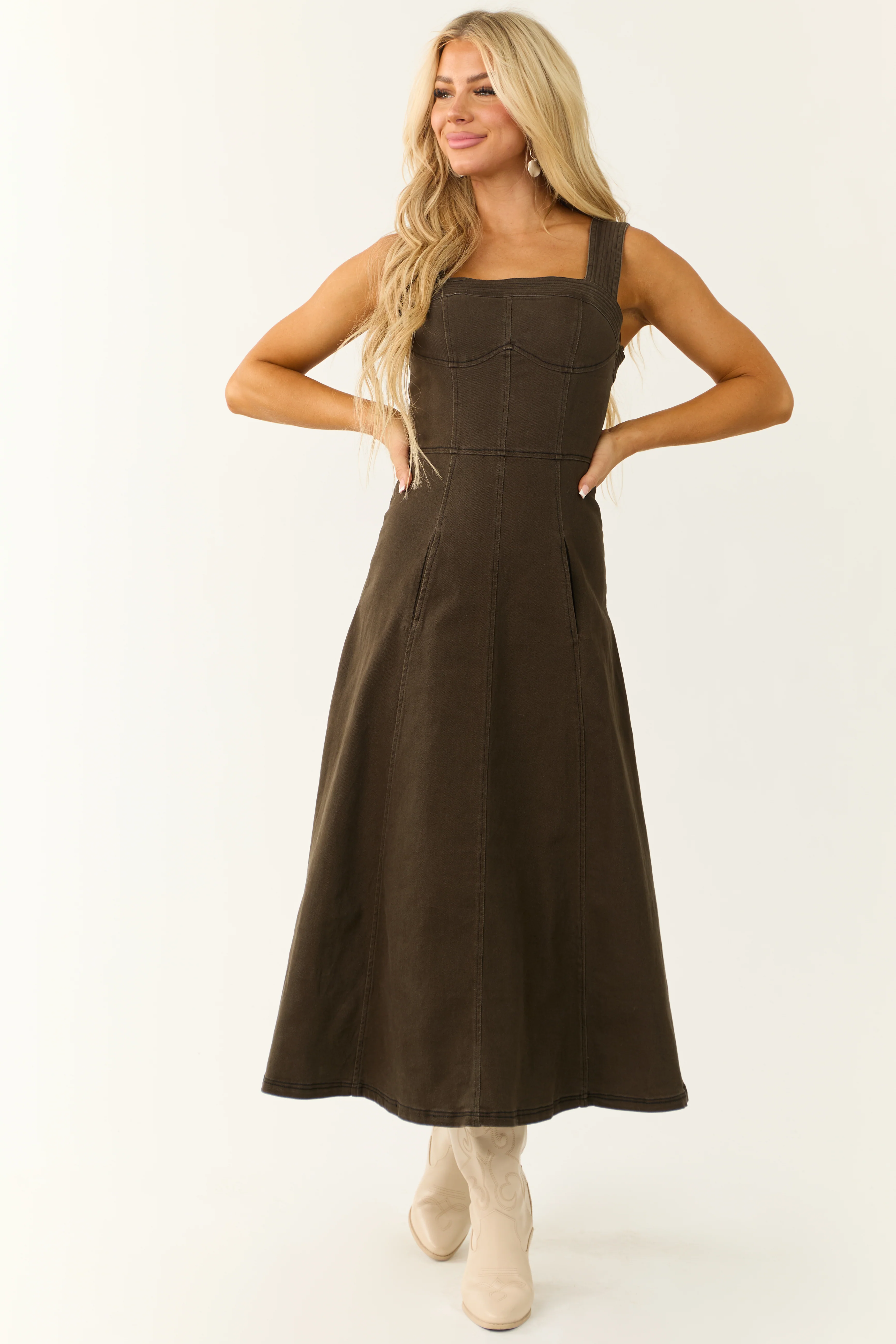 Dark Army Green Denim Thick Strap Midi Dress - Image 4