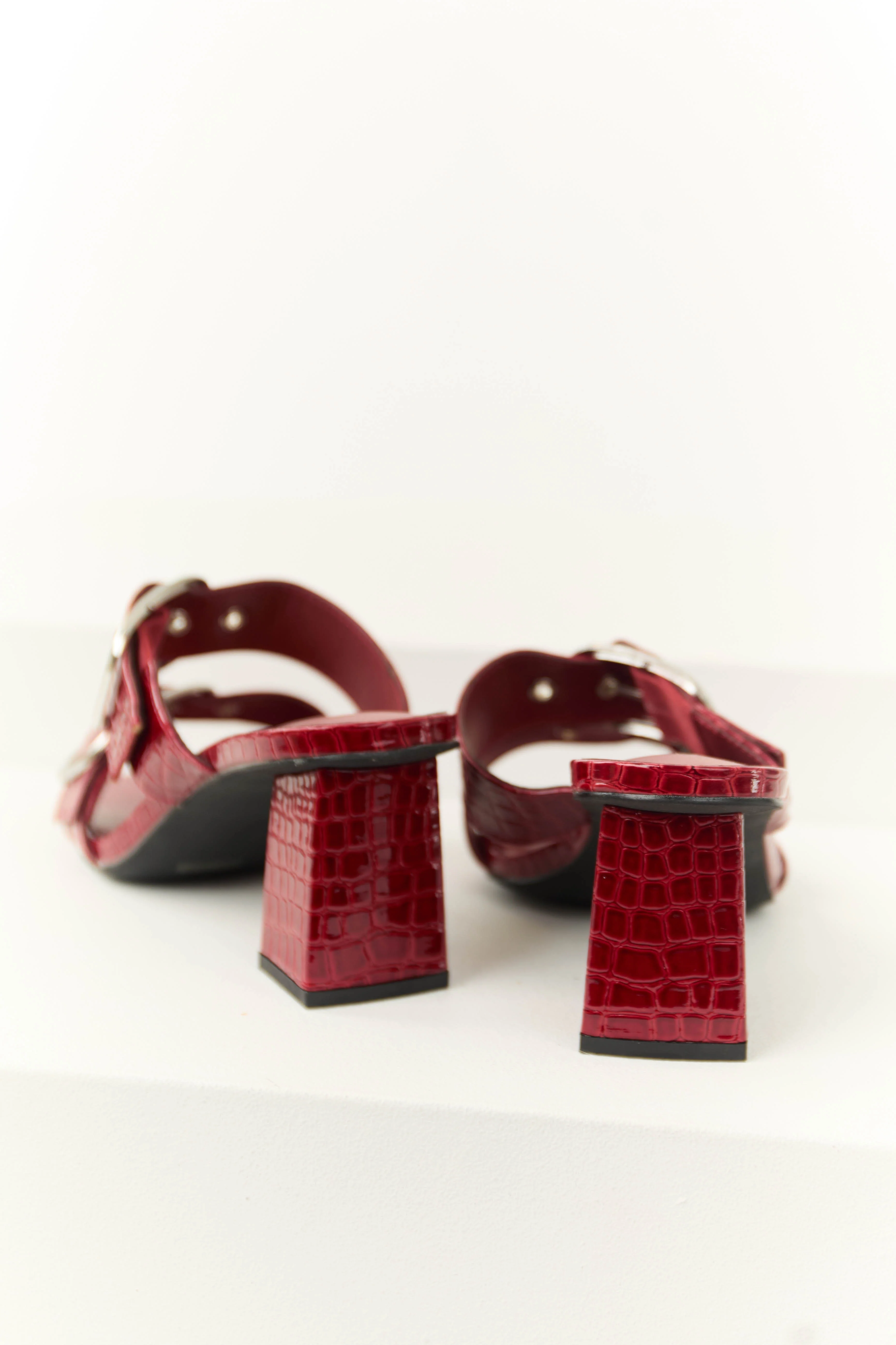 Dark Cherry Open Toed Double Buckle Strap Heels - Image 3