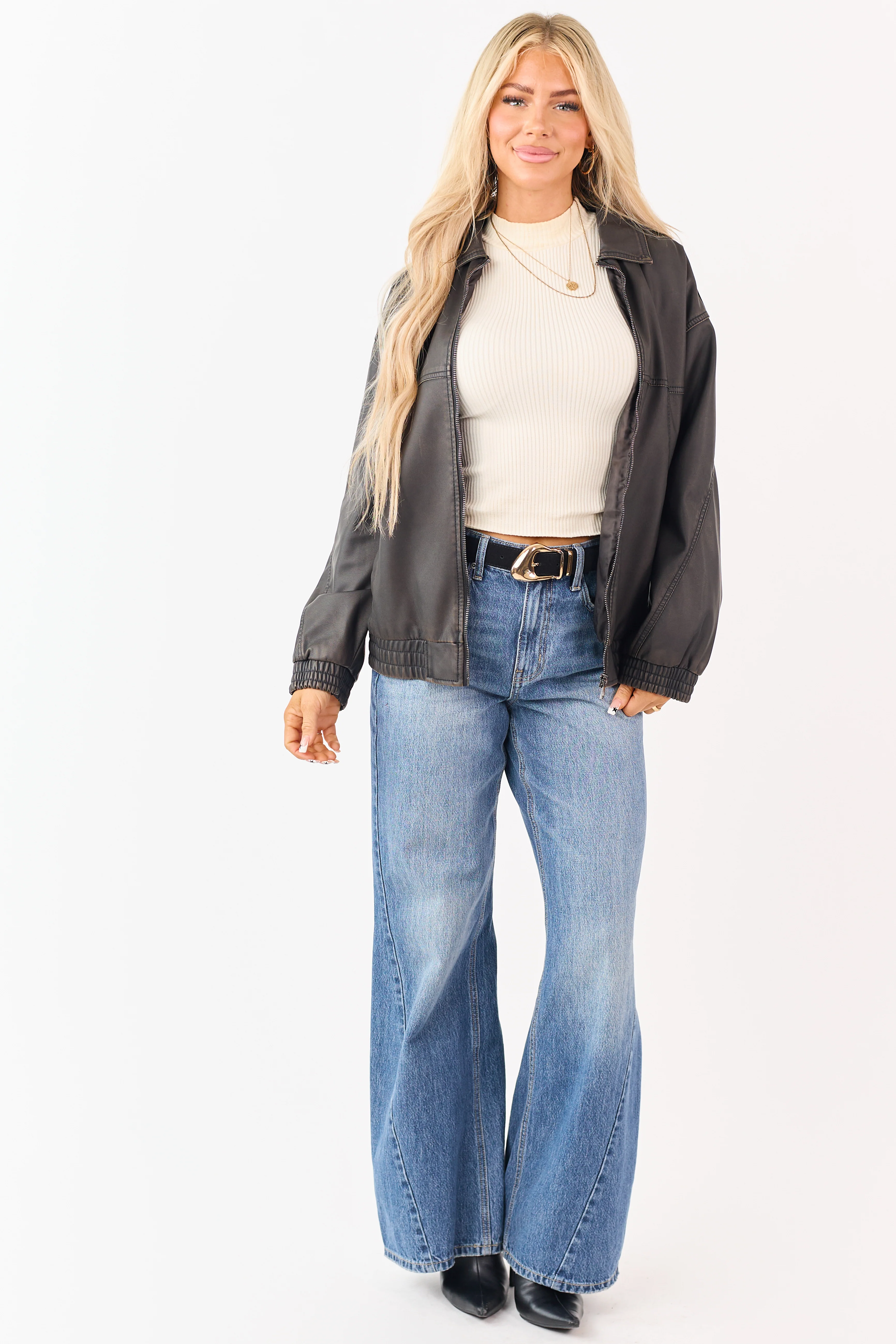 Dark Cocoa Faux Leather Zip Up Bomber Jacket - Image 2