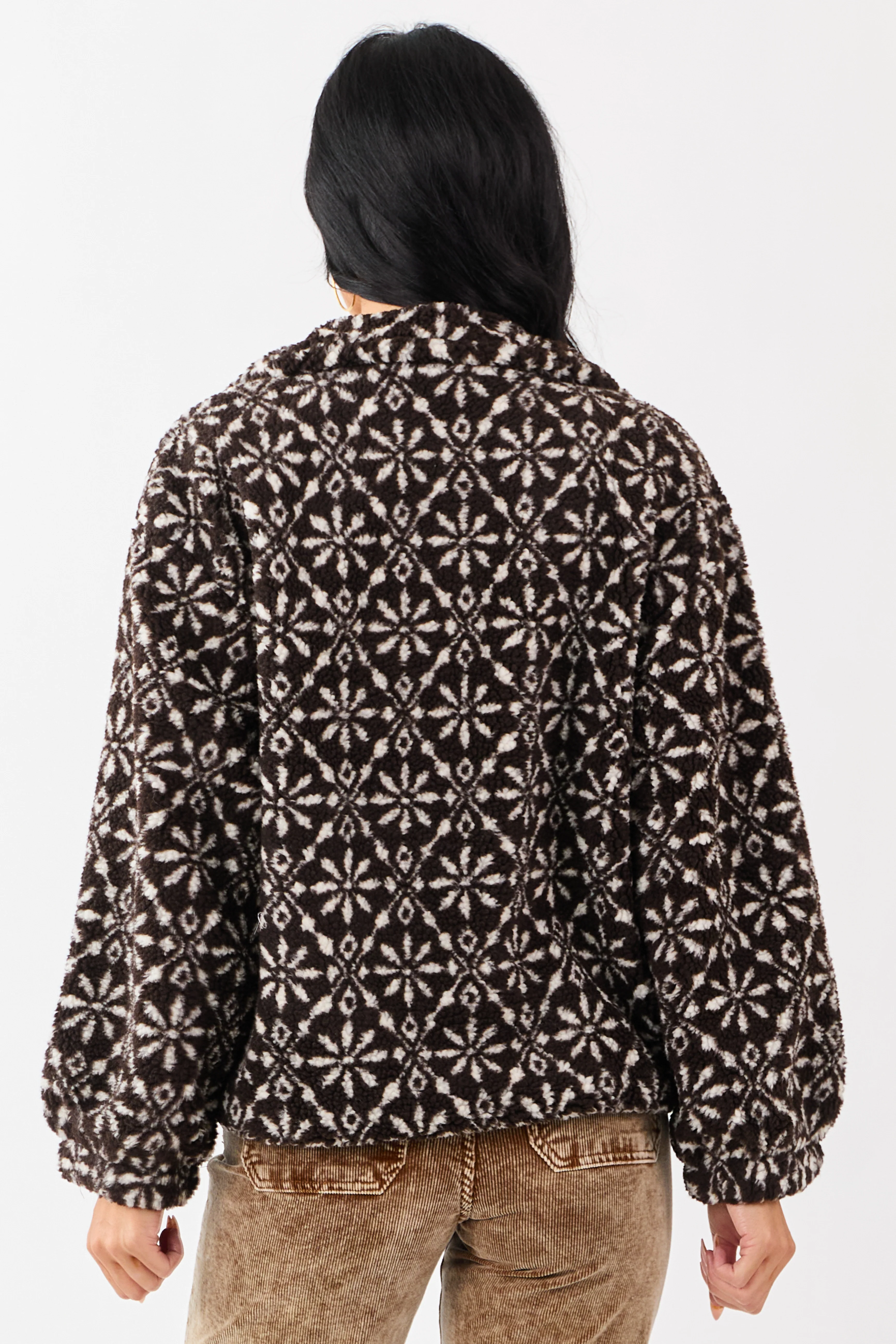 Dark Cocoa Snowflake Pattern Zip Up Sherpa Jacket - Image 5