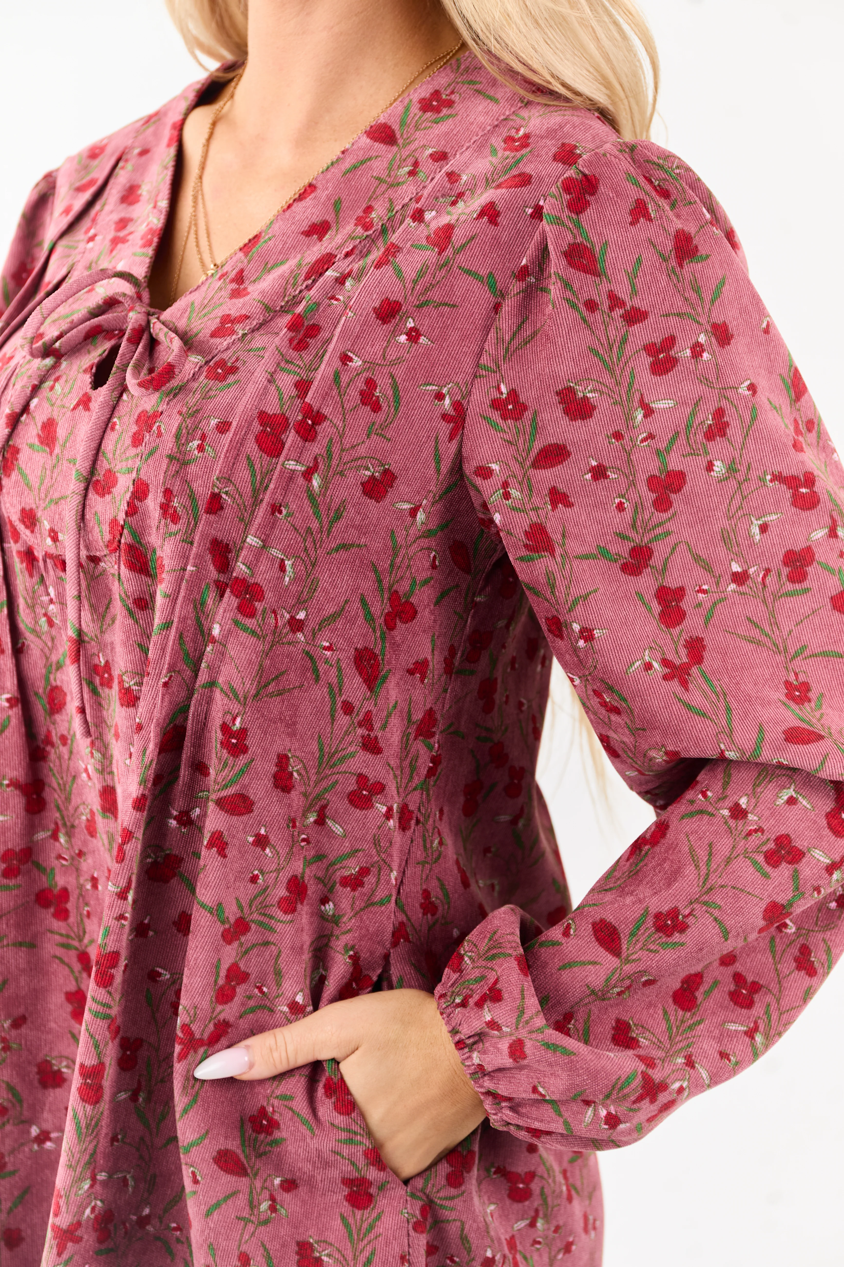 Dark Mauve Floral Corduroy Long Sleeve Mini Dress - Image 3